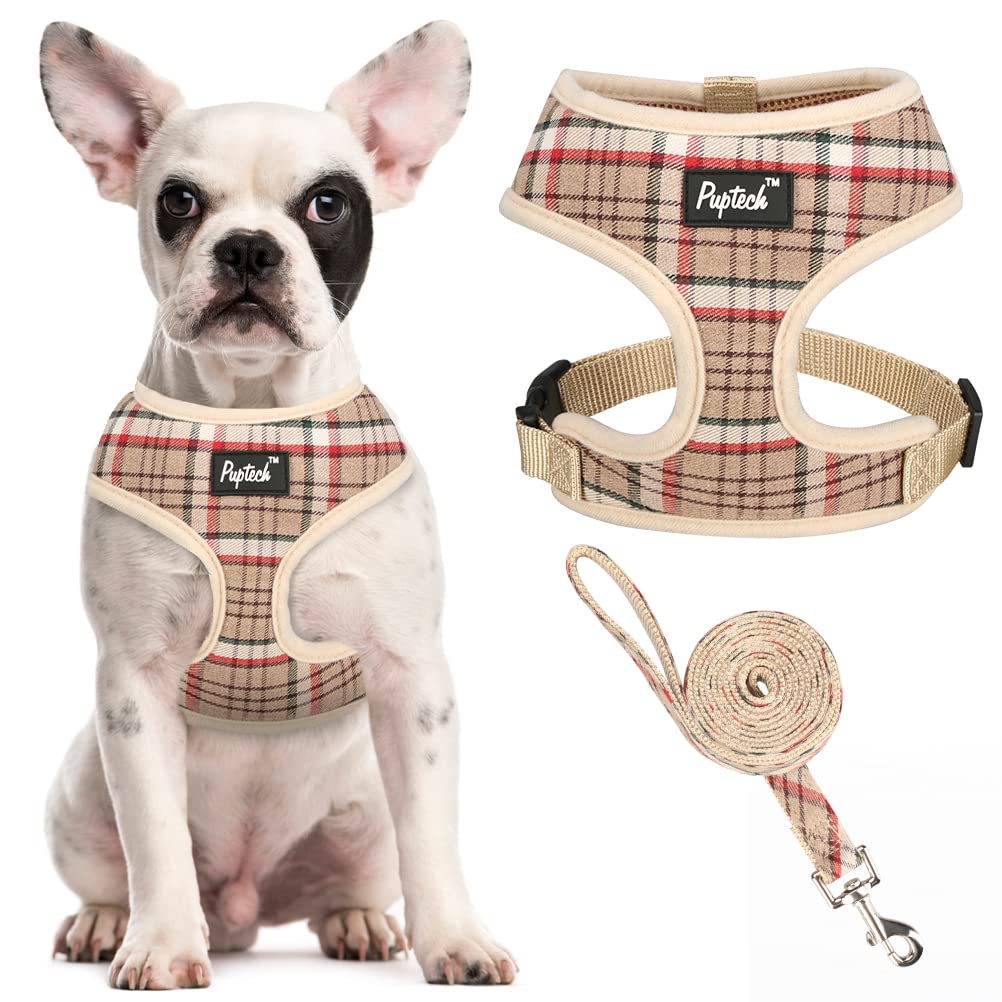 Pupteck Soft Mesh Dog Harness And Leash Set Pet Puppy Cat Comfort Padded Vest No Pull Harnesses, Khaki, L