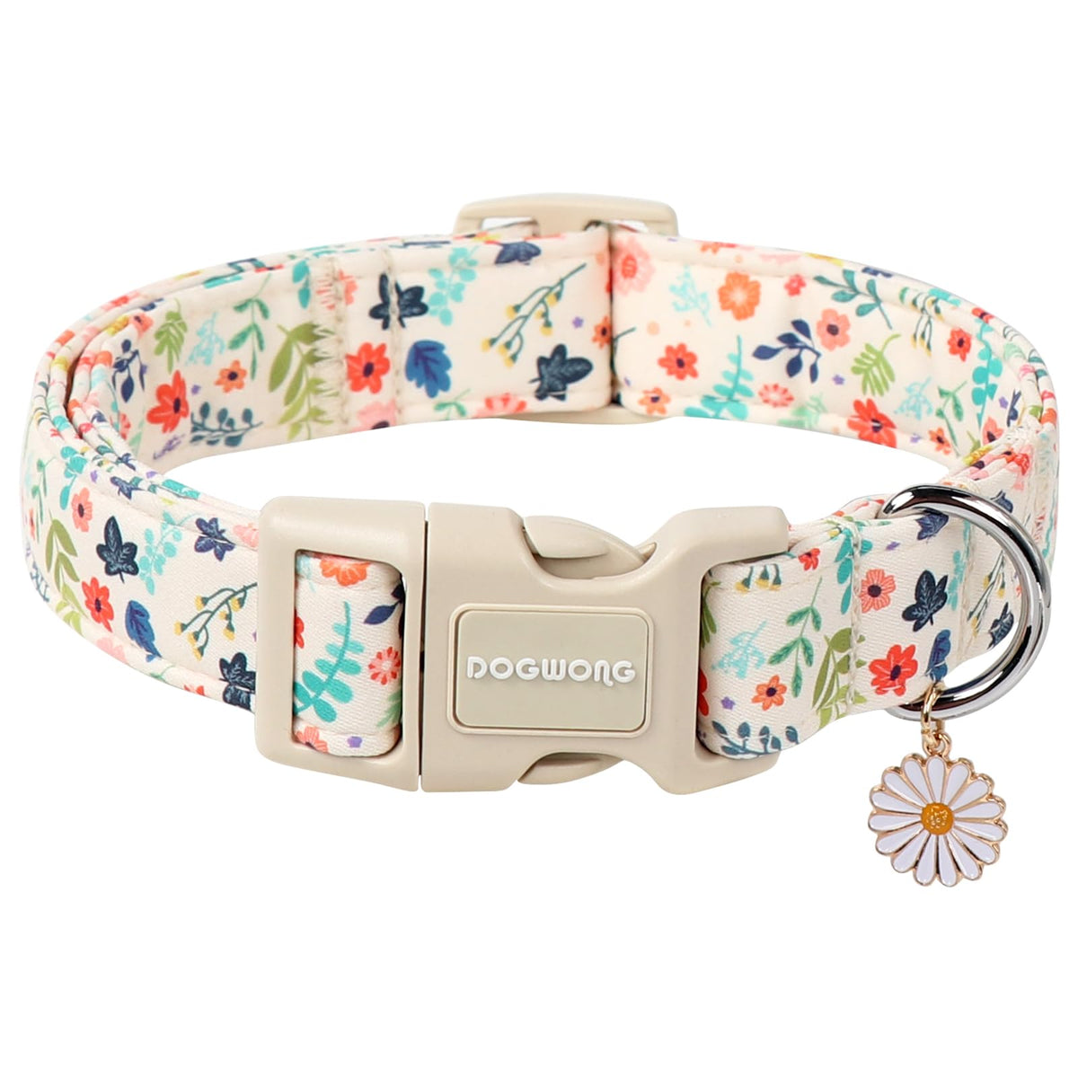 Dogwong Spring Summer Floral Cotton Dog Collar, Pink Flower Dog Collar Durable Soft Fabric Pet Dog Collars Cute Girl Female Pupp
