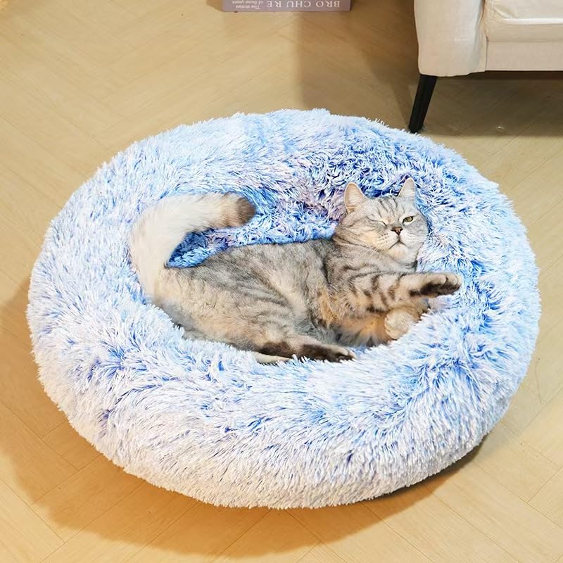 Cat Beds For Indoor Cats - Cat Bed Washable 20/24 Inches, Dog Beds For Small Medium Dogs, Anti Anxiety Round Fluffy Plush Faux Fur Cat Bed, Thick Bottom (Cornflower Blue, Medium)