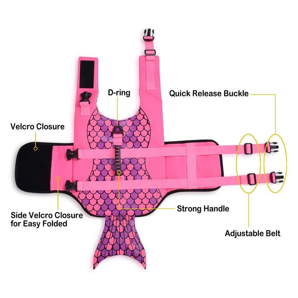 Queenmore Dog Life Jacket Ripstop Shark Dog Safety Vest Adjustable Preserver With High Buoyancy And Durable Rescue Handle For Small,Medium,Large Dogs, Pink Fish Large