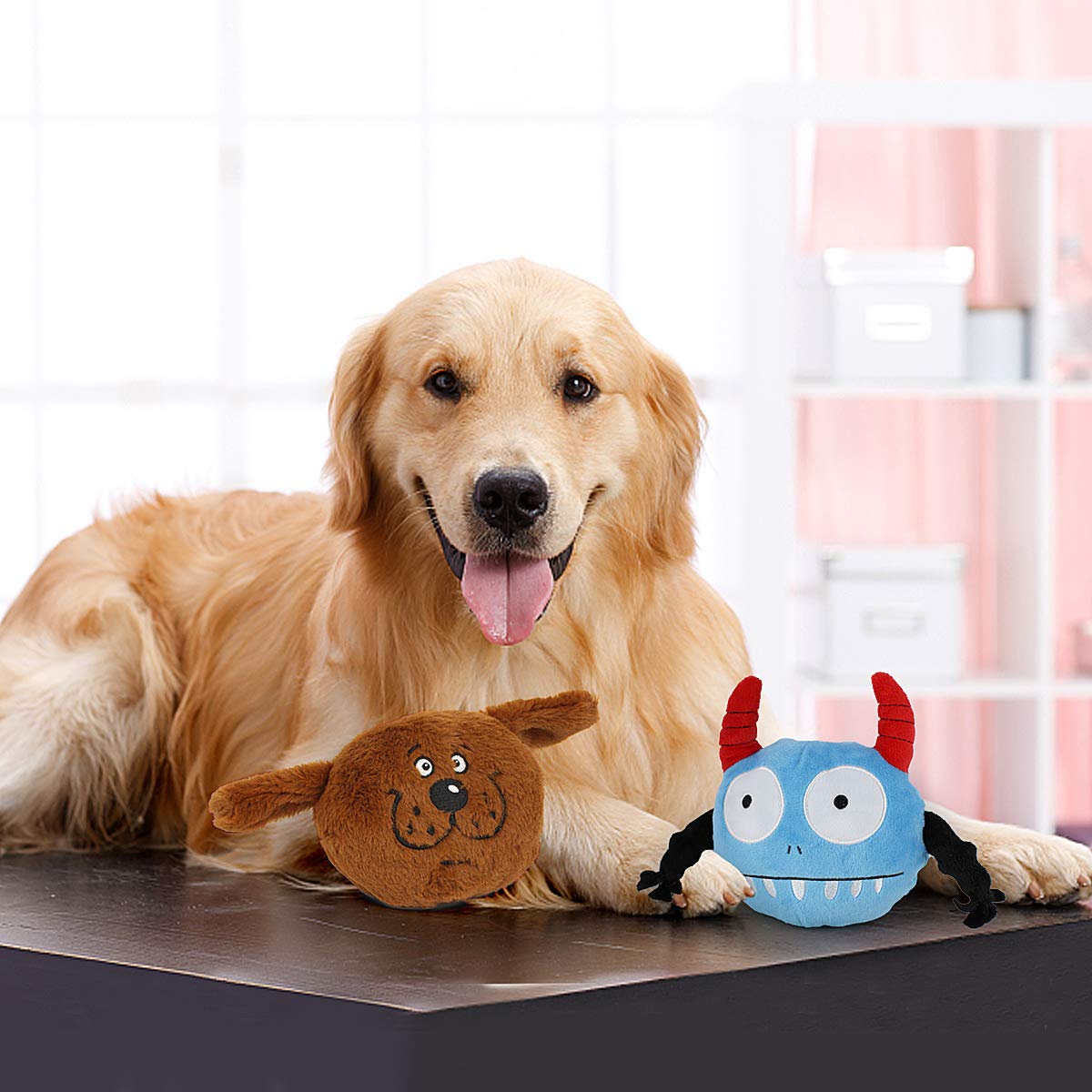 Namsan Giggle Plush Dog Toy Interactive Dog Toys Pet Squeaky Toy With Jumping Activation Ball For Dogs Playing (Blue Monster)