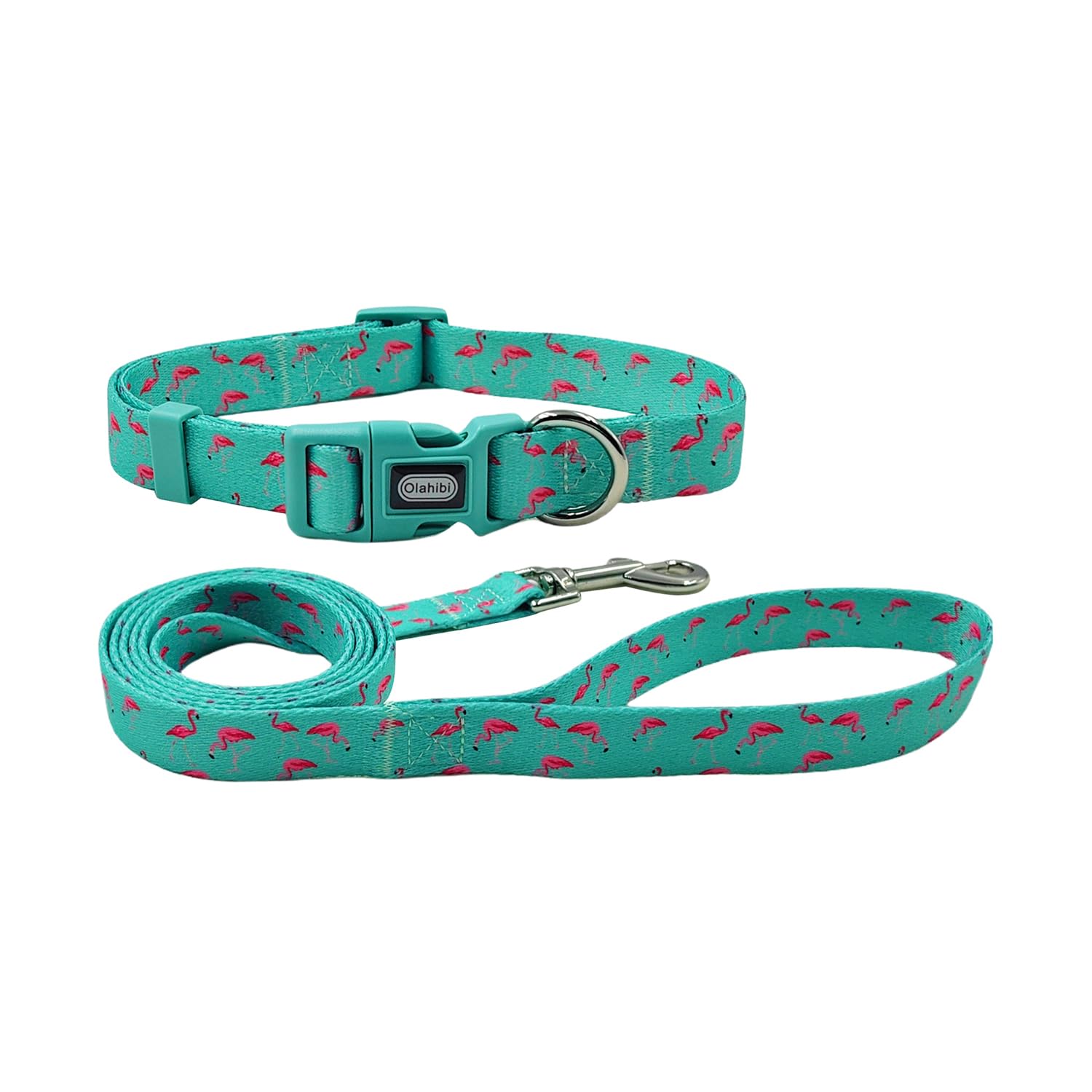 Olahibi Dog Collar Leash Set, Flamingo Pattern, Polyester Material, Adjustable Collar And 5Ft Matching Leash, For Puppy Dogs.(Xs