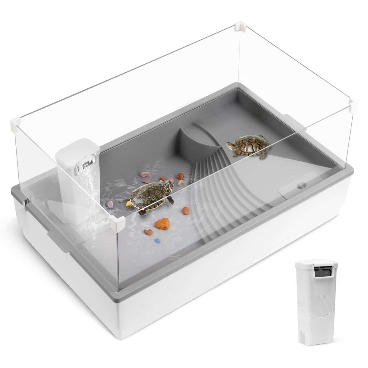 Turtle Tank Aquarium,Reptile Tortoise Habitat Kit, Acrylic Baby Turtle House Starter Kit With Multi-Function Area And Water Filt
