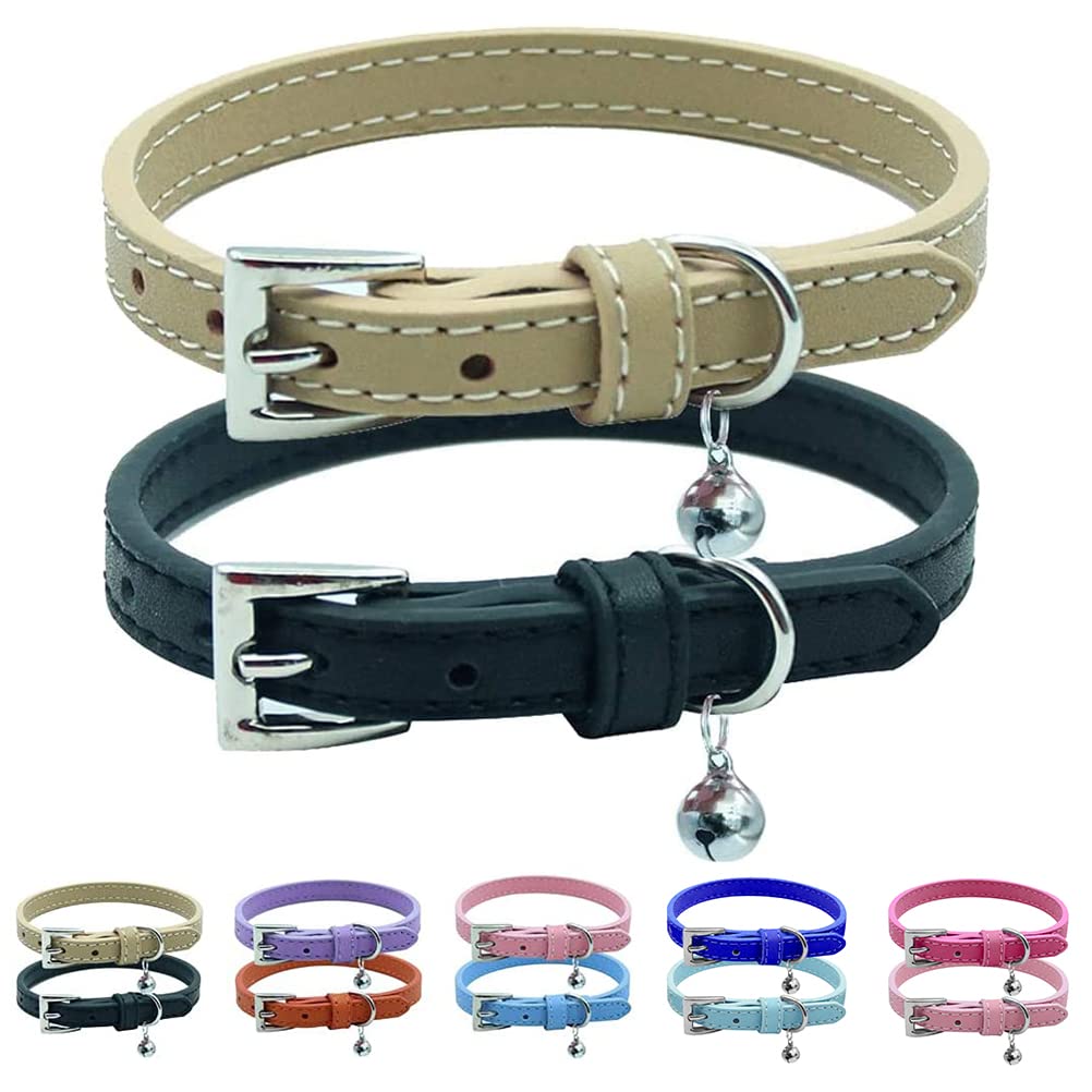 Pupteck 2 Pcs Soft Leather Cat Kitten Collar-Orange, Purple, Black, Khaki, Pink, Blue