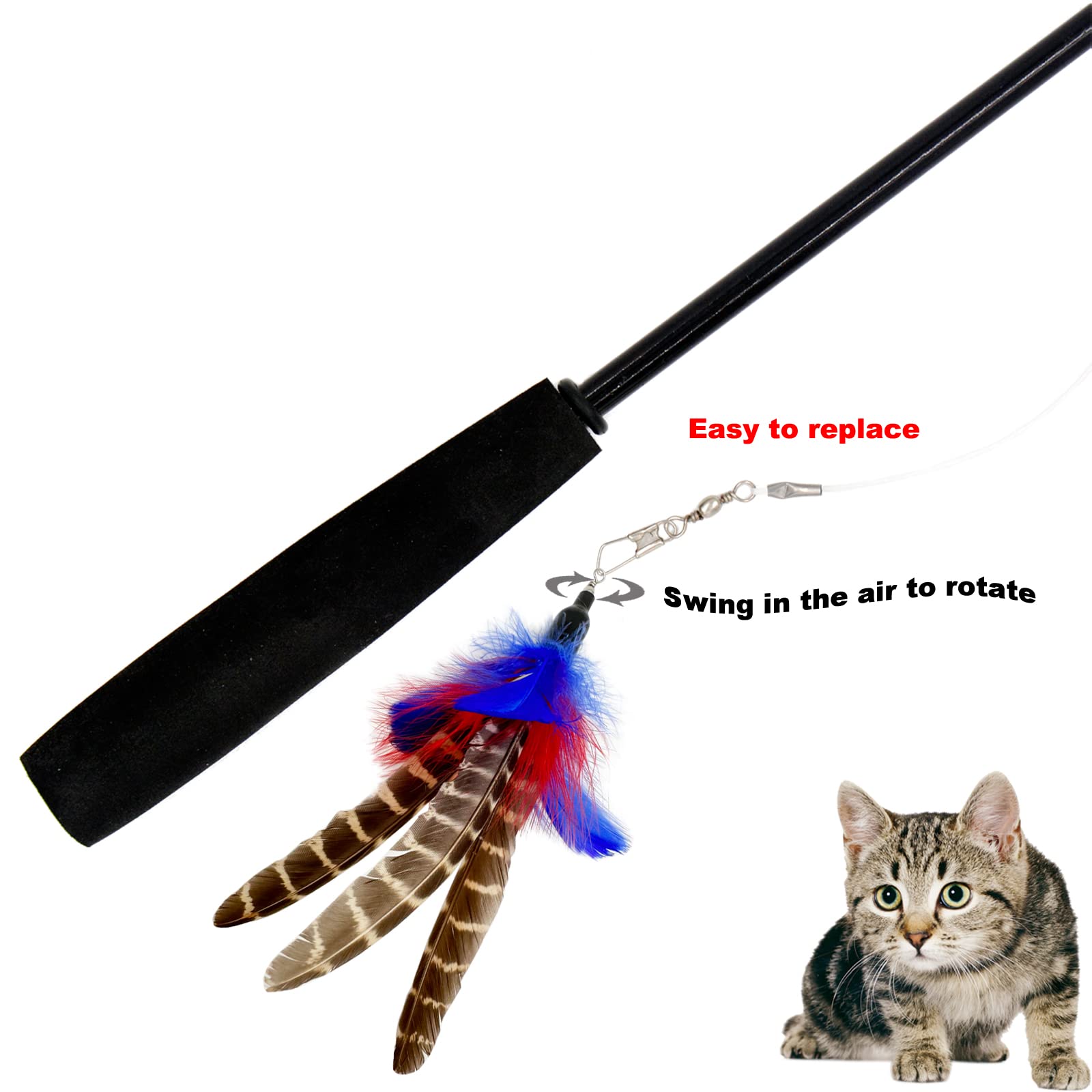 Tienailing Cat Feather Toys Refills, 6 Pieces Handmade Da Bird Feathers Refill, Cat Wand Replacement Feather For Indoor Cats (A)