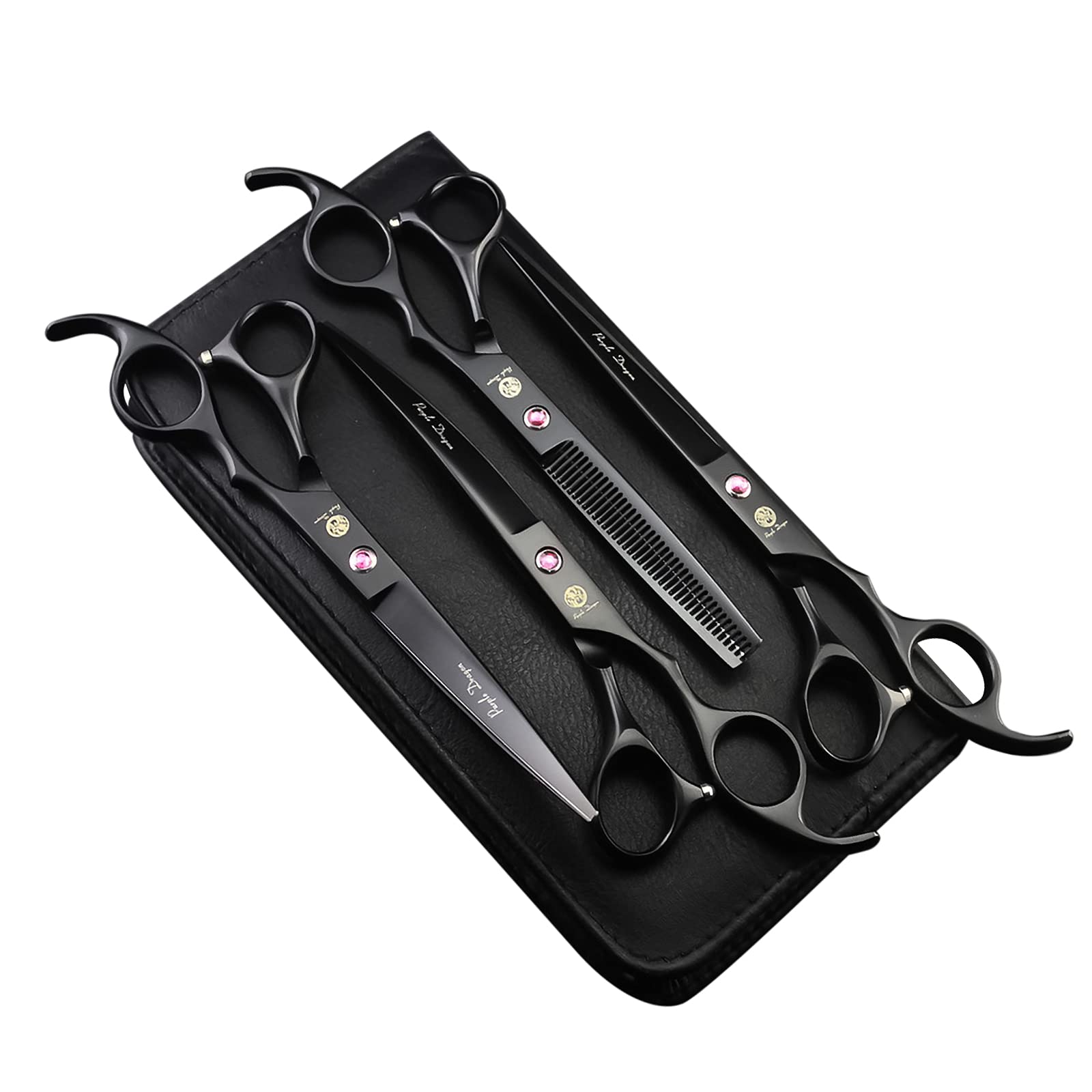 Purple Dragon Professional 7.0 Inch 4Pcs Pet Grooming Scissors Kit Japan Premium Steel Straight & Curved & Thinning Blade Dog Hair Cutting Shears Set With Case