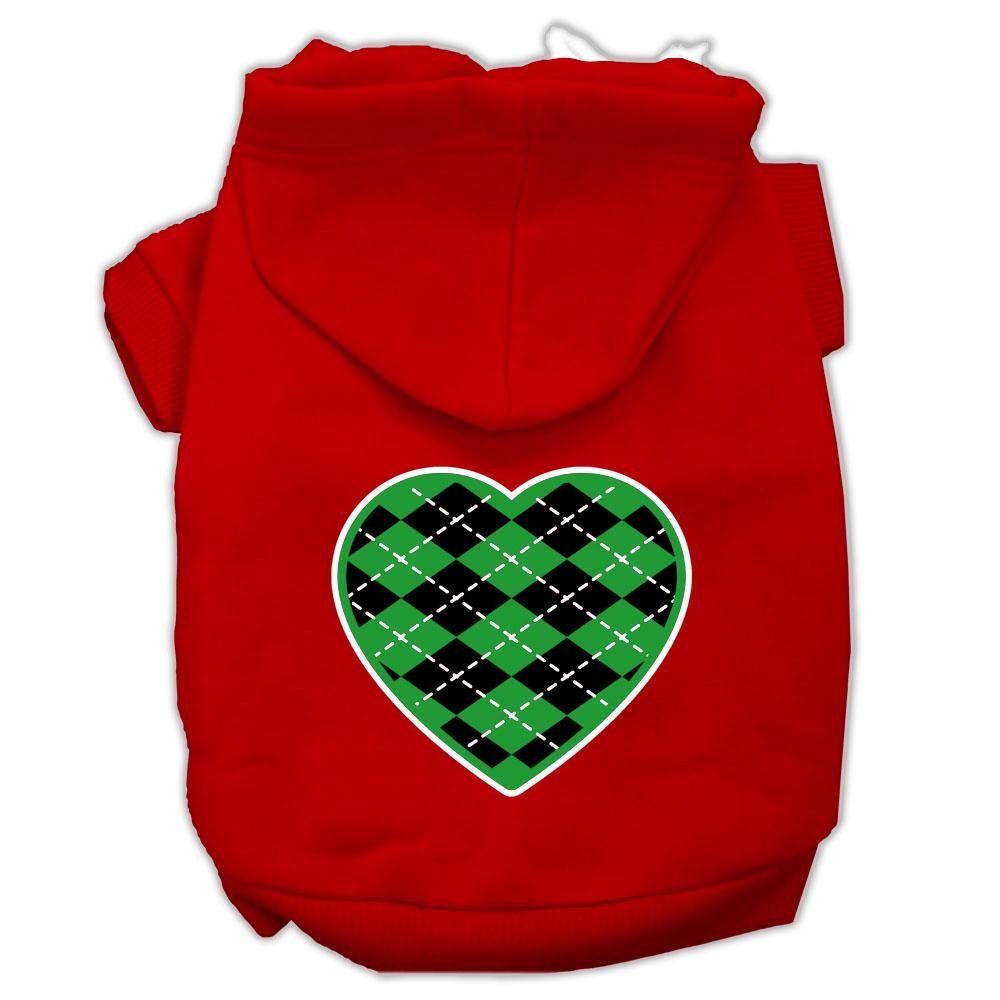 Pet Dog & Cat Hoodie Screen Printed, 'Green Argyle Heart' Red Xs (0-3 Lbs.)