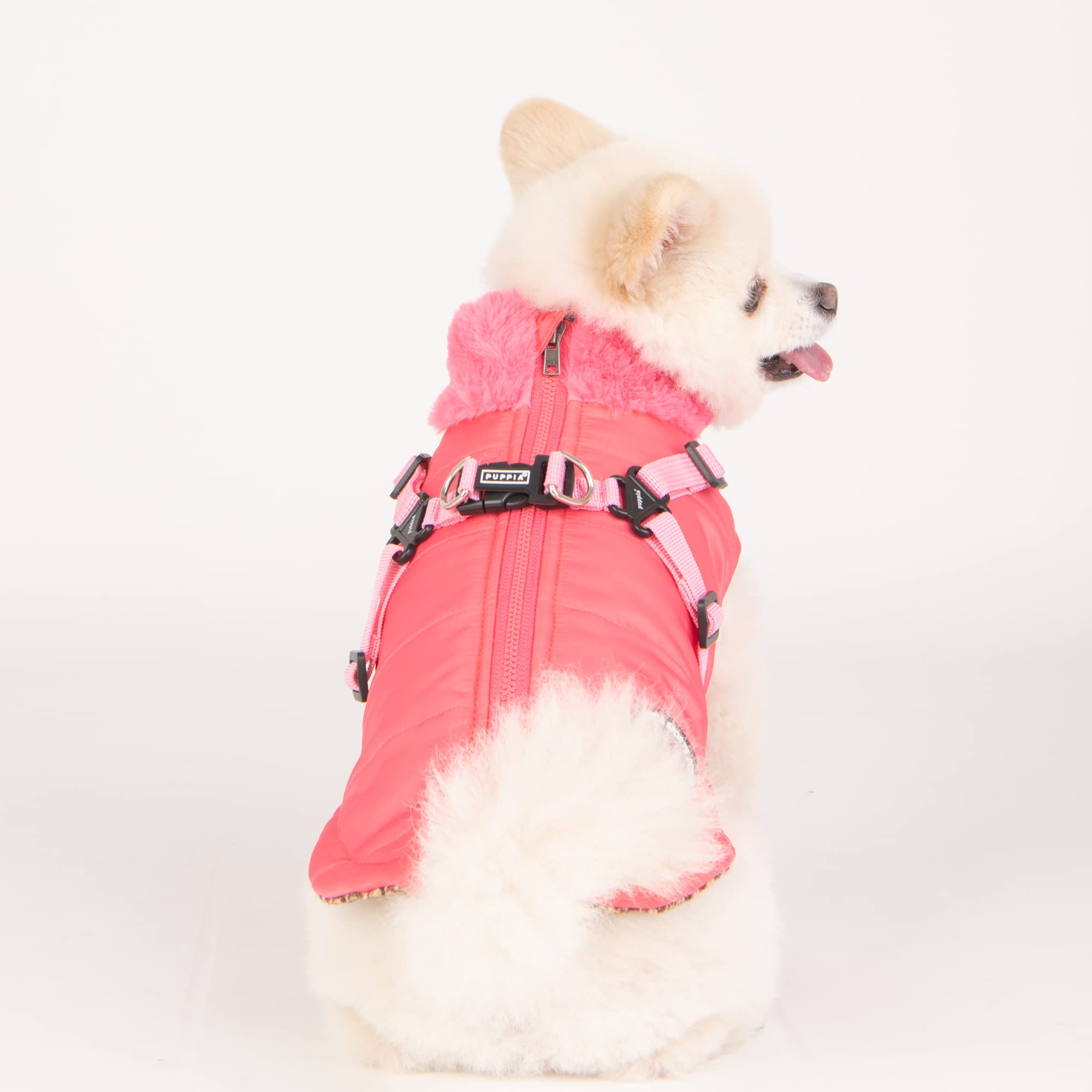Puppia Donavan Winter Dog Coat With Integrated Harness No Pull Cold Weather Waterproof Warm Fleece Back Zipper For Small & Medium Dog, Pink, Small