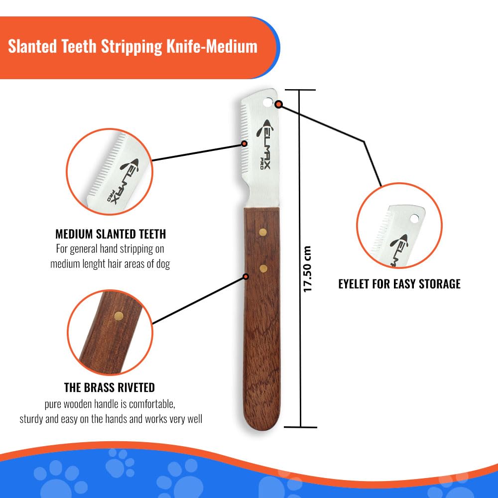 Elmax Pro Professional Slant Tooth Stripping Knife For Dogs (Pack Of 4) Stainless Steel Blades & Rosewood Handle, Efficient Unde