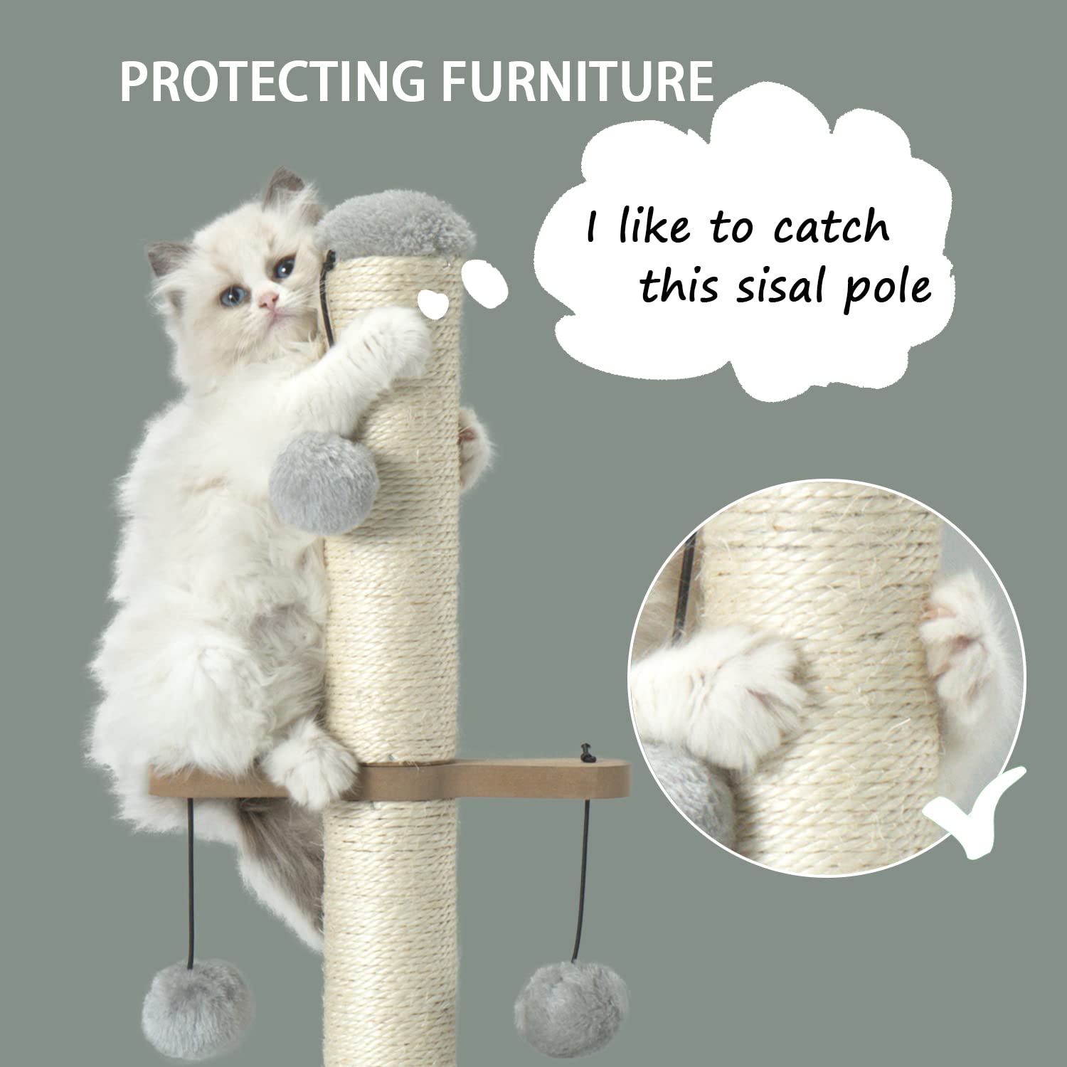 Pawsfans Cat Scratching Post,Small Scratch Post For Indoor Kittens And Small Size Cats,With Hanging Ball Toys,21Inches,Grey