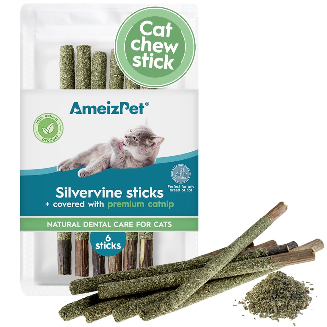 Ameizpet Silvervine Sticks For Cats, Chew Sticks Covered With Catnip Dust - Natural Matatabi Cat Dental Care, Silvervine Cat Teeth Cleaning Dental Sticks, 6 Pcs