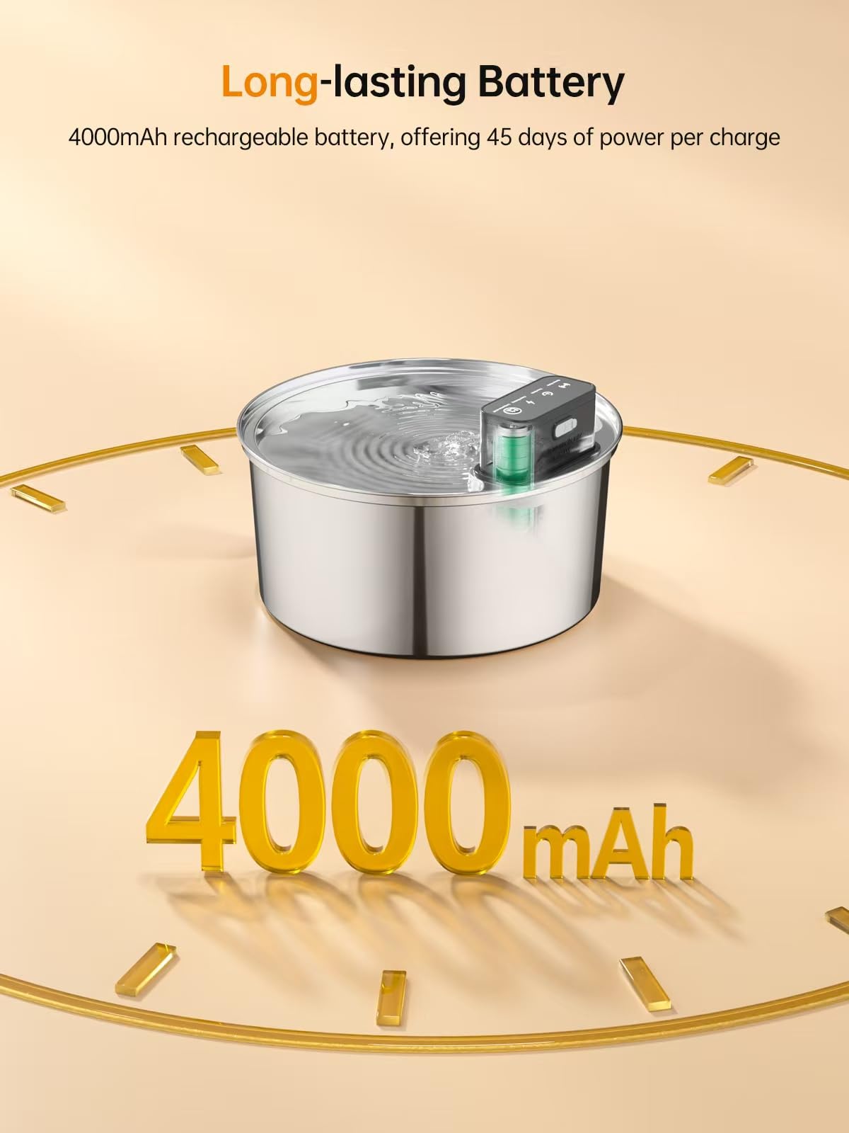 Wireless Cat Water Fountain, Stainless Steel Cordless Cat Fountain, 108Oz/3.2L Automatic Pet Water Fountain, 4000Mah Battery Ope