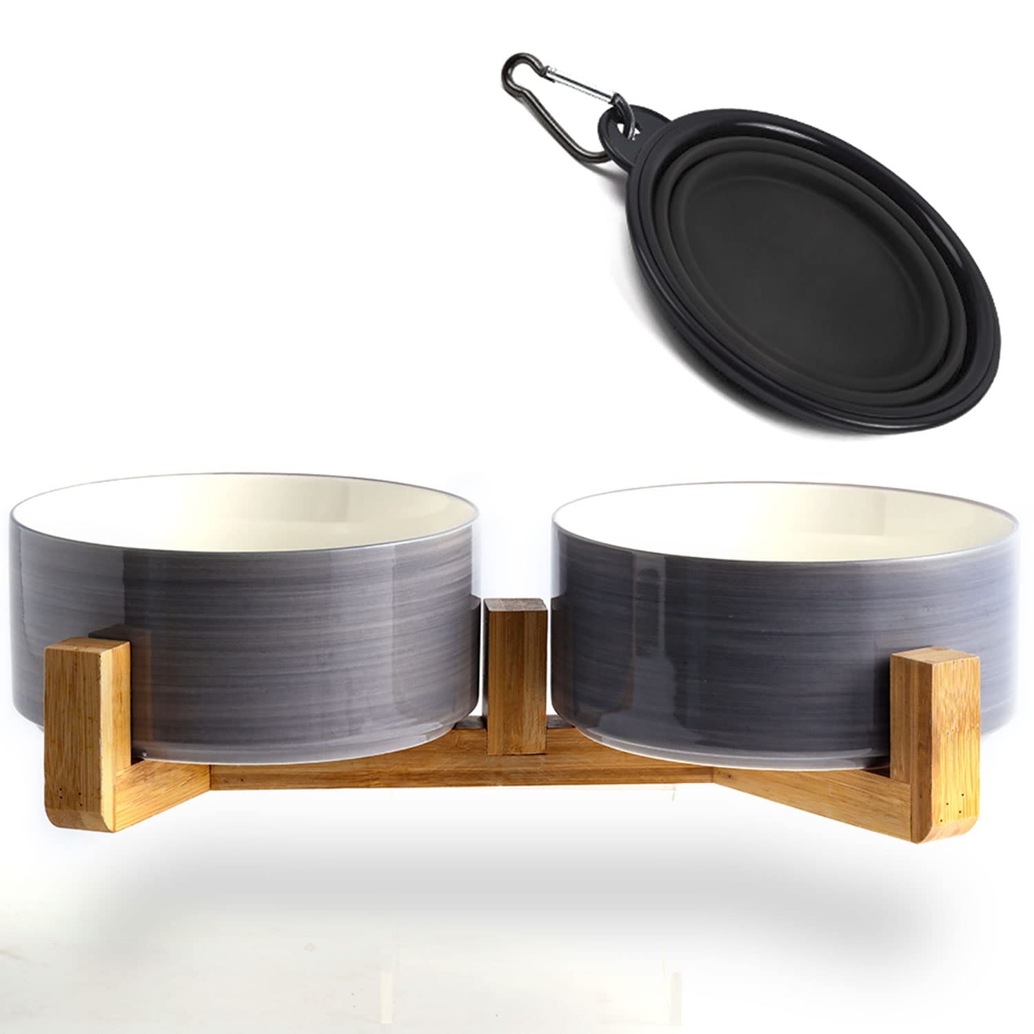 Petygooing Ceramic Cat Dog Bowl Set with Wood Stand, 13.5OZ/5.1 in, Grey White