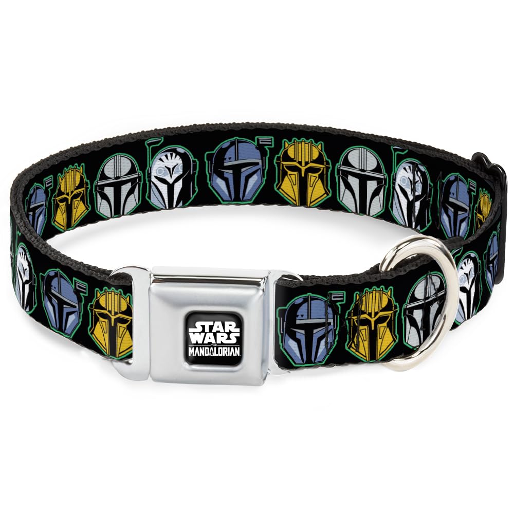 Star Wars Easy Adjustable Metal Seatbelt Buckle Quick Release Dog Collar, The Mandalorian Helmets, 9.5 To 13 Inches 1.0 Inch Wid