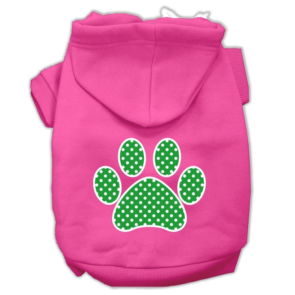 Pet Dog & Cat Hoodie Screen Printed, 'Green Swiss Dots Paw' Bright Pink Lg (10-14 Lbs.)