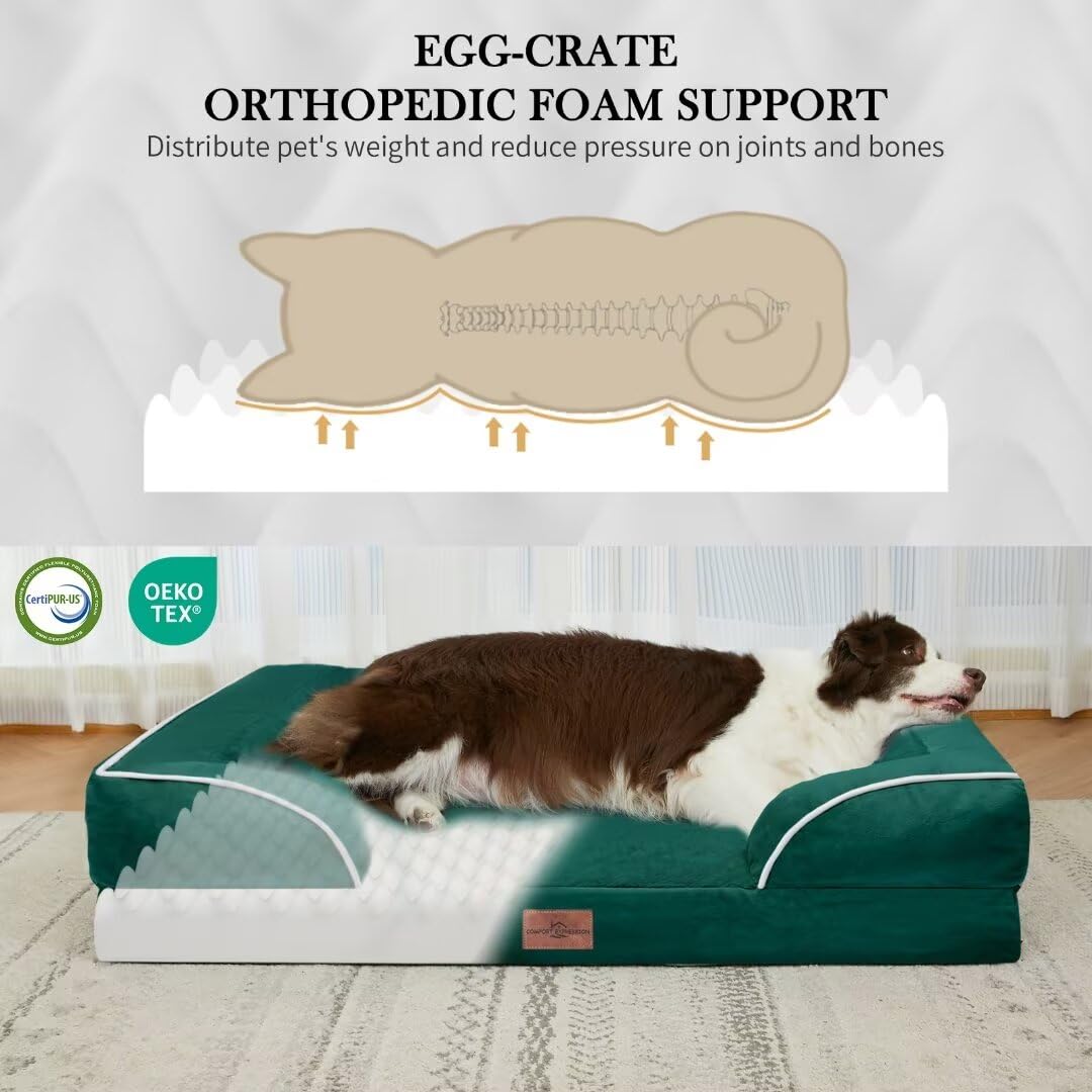 Comfort Expression Orthopedic Large Dog Beds, Waterproof Dog Beds For Large Dogs, Comfy Washable Pet Bed Sofa With Removable Cover & Non-Slip Bottom(Large,Emerald)