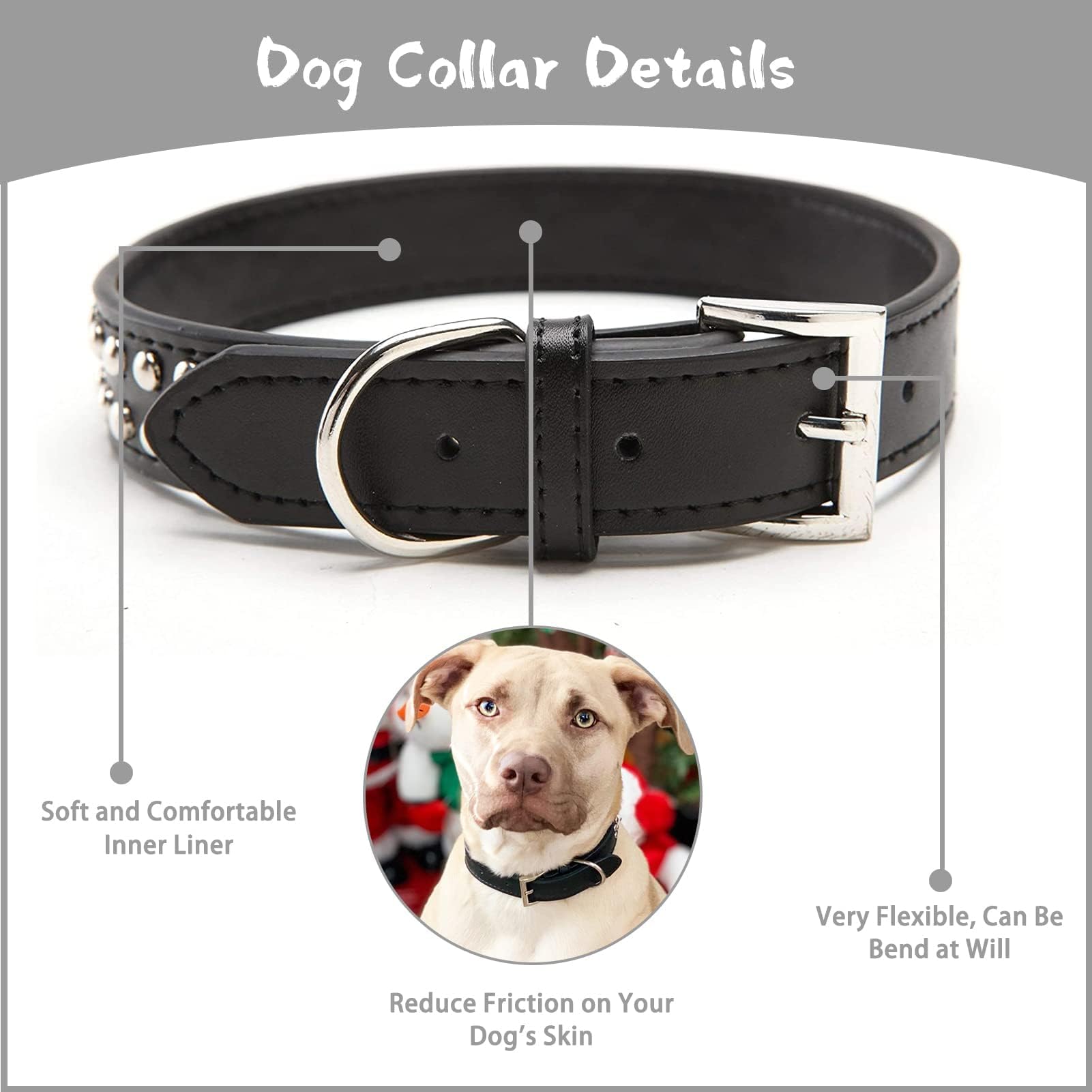 Bingpet Leather Dog Collar,Adjustable Dog Real Split Pu Leather Studded Pet Dog Collar,Studded Dog Collar Leather Pet Collars For Small Medium Large Pet - Black L