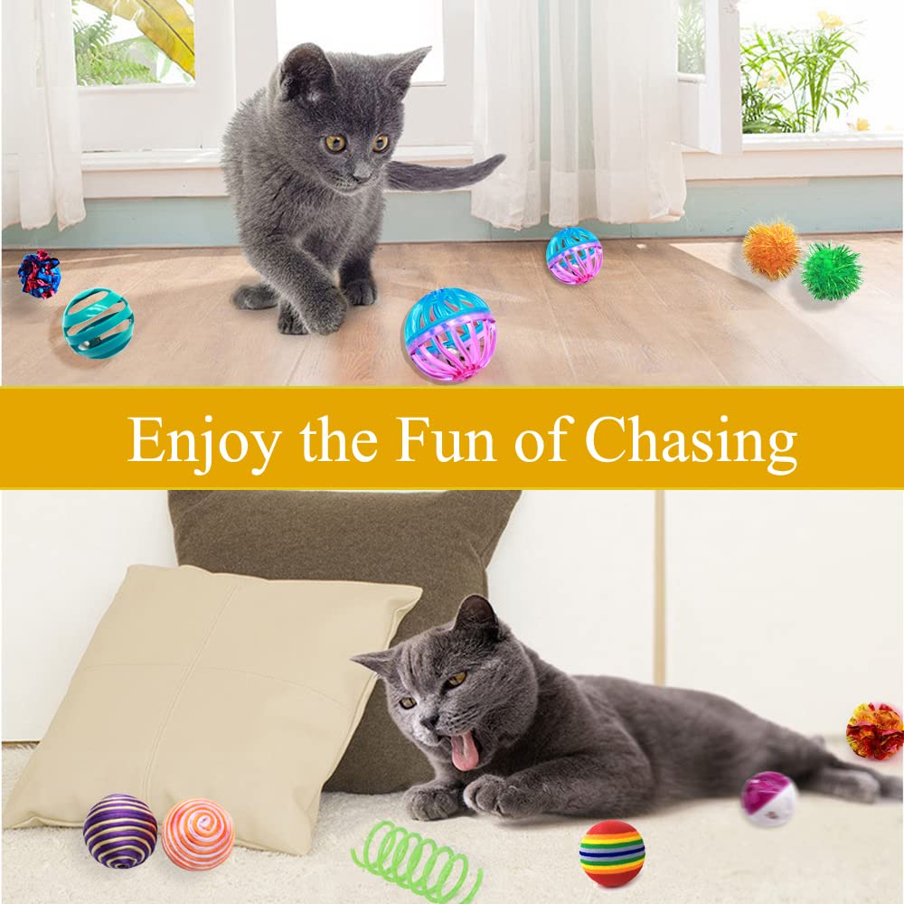 Lasocuhoo Cat Toys, Kitten Cat Ball Toys Assortments, Including Rainbow Ball, Crinkle Ball, Sparkle Ball, Bell Balls, Sisal Ball