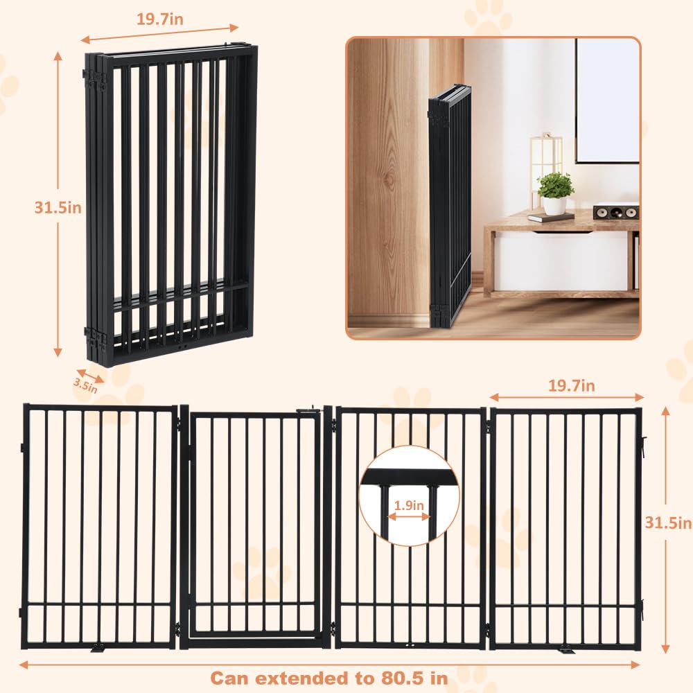 Smonter Free Standing Dog Gate With Door Walk Through, 80.5'' Extra Wide Indoor Dog Fence, 31.5'' Height 4 Panels Foldable Metal