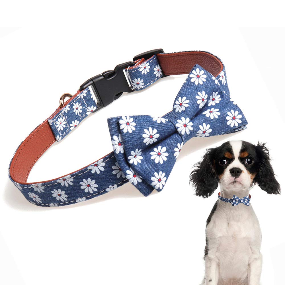 Dog Collar Bow Tie, Comfy Dog Bowtie Collar, Adjustable Printed Flower Leather Breakaway Collars for Small Medium Large Dogs