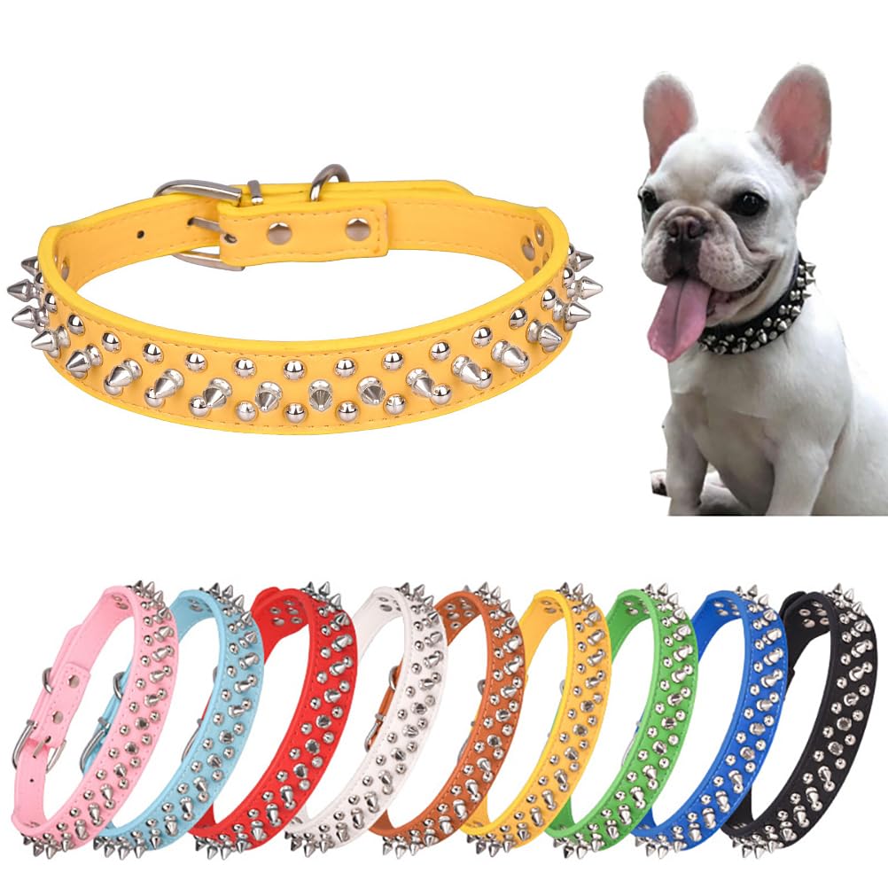 Yellow Puppy Spike Collar, Mushrooms Rivet Spiked Dog Collar Anti-Bite Studded Protective Pet Neck Faux Leather Cat Collars For 