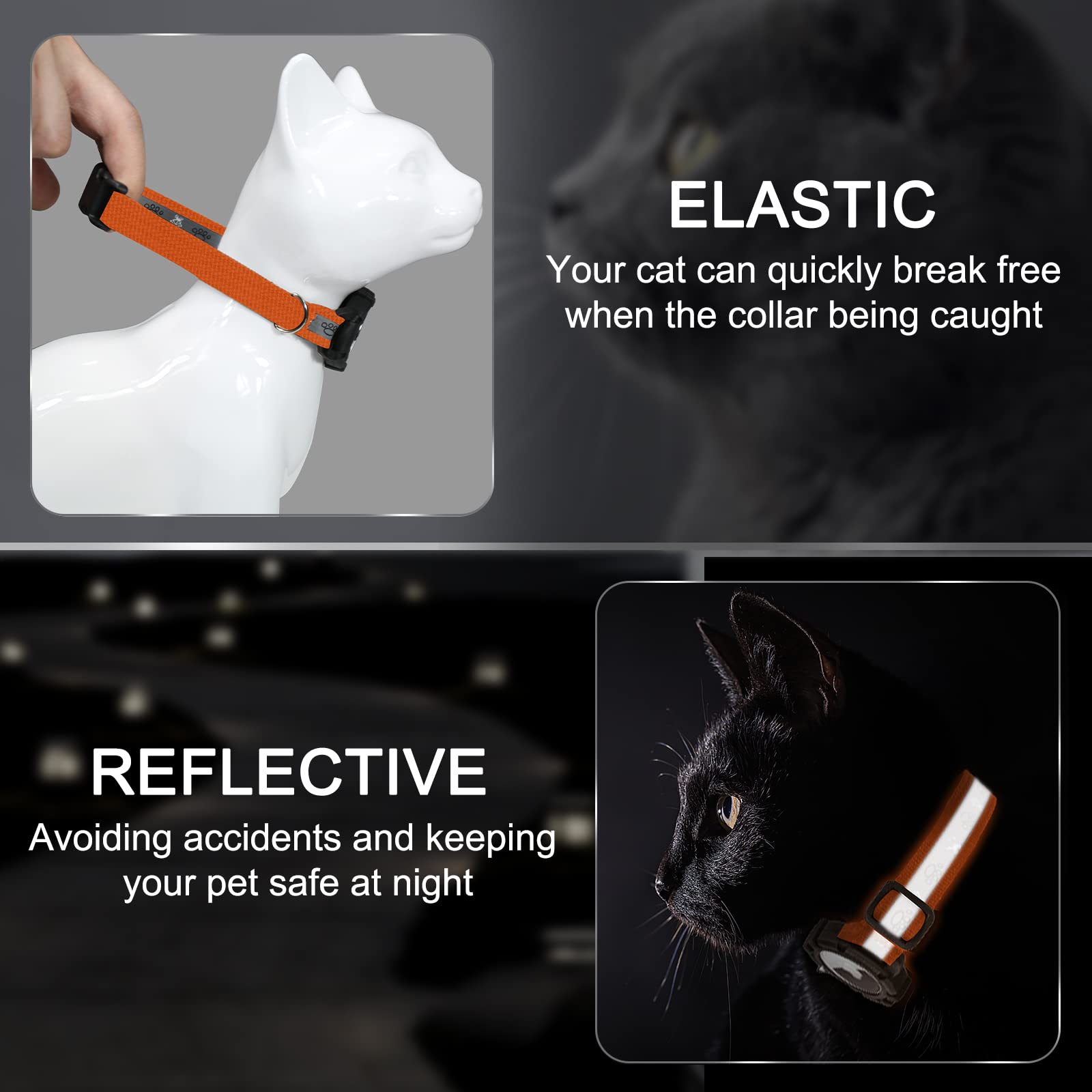 Reflective Airtag Cat Collar, Integrated Cat Tracker Collar With Air Tag Holder And Bell, Safety Elastic Band Cat Gps Collars For Girl Boy Cats, Kittens And Puppies (Orange,Xs)