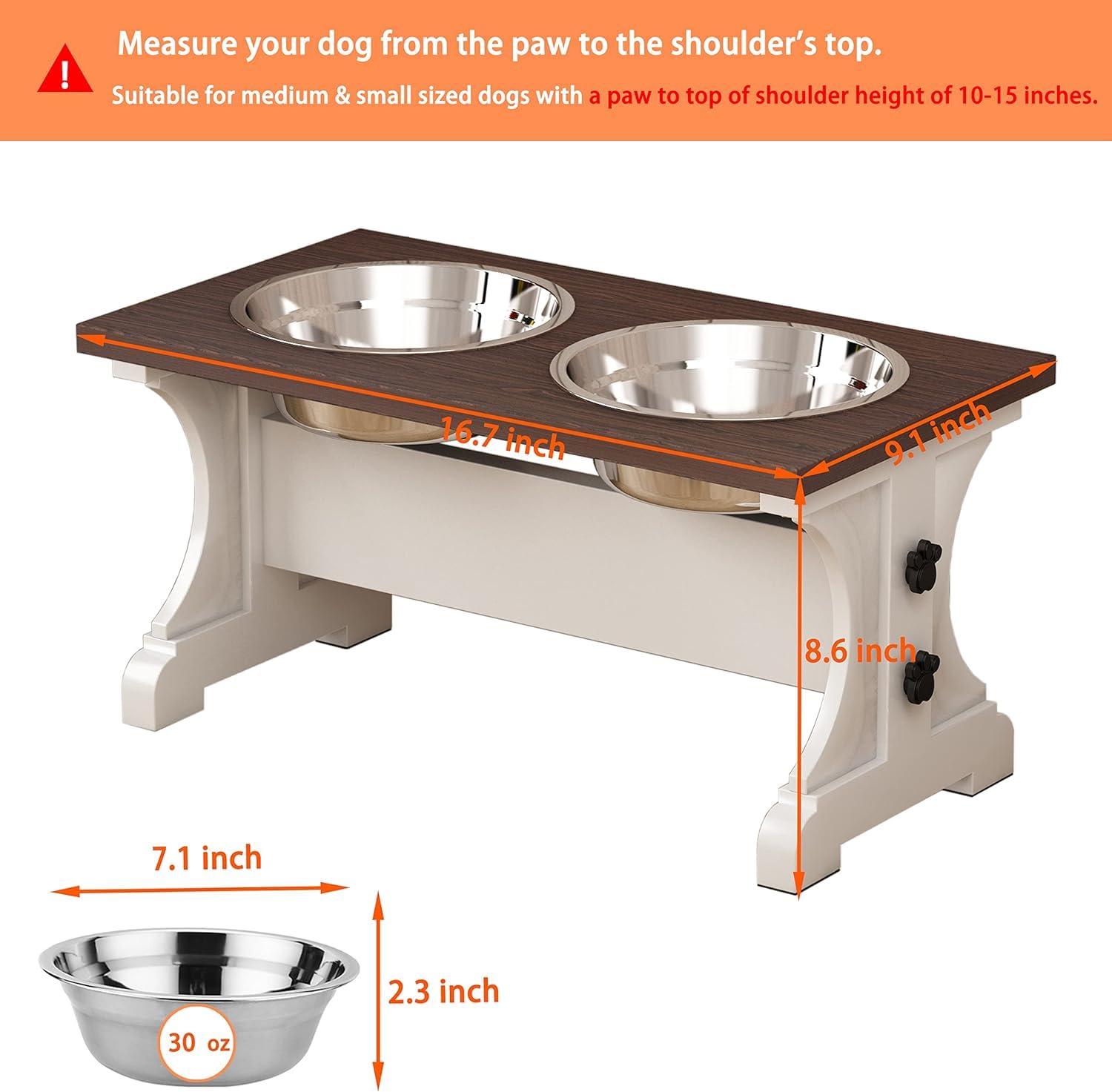 Piskyet Elevated Dog Bowls,Farmhouse Dog Bowls Stand, Raised Dog Bowl With 2 Stainless Steel Wooden Dog Bowl,3.5Cups8.5''H_30 Oz
