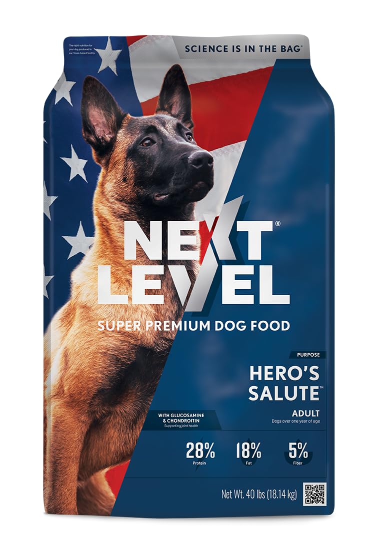 Next Level Super Premium Dog Food - Heros Salute Adult Dry Dog Food Kibble All Breeds - 28% Protein, Fish, Chicken and Gluten F