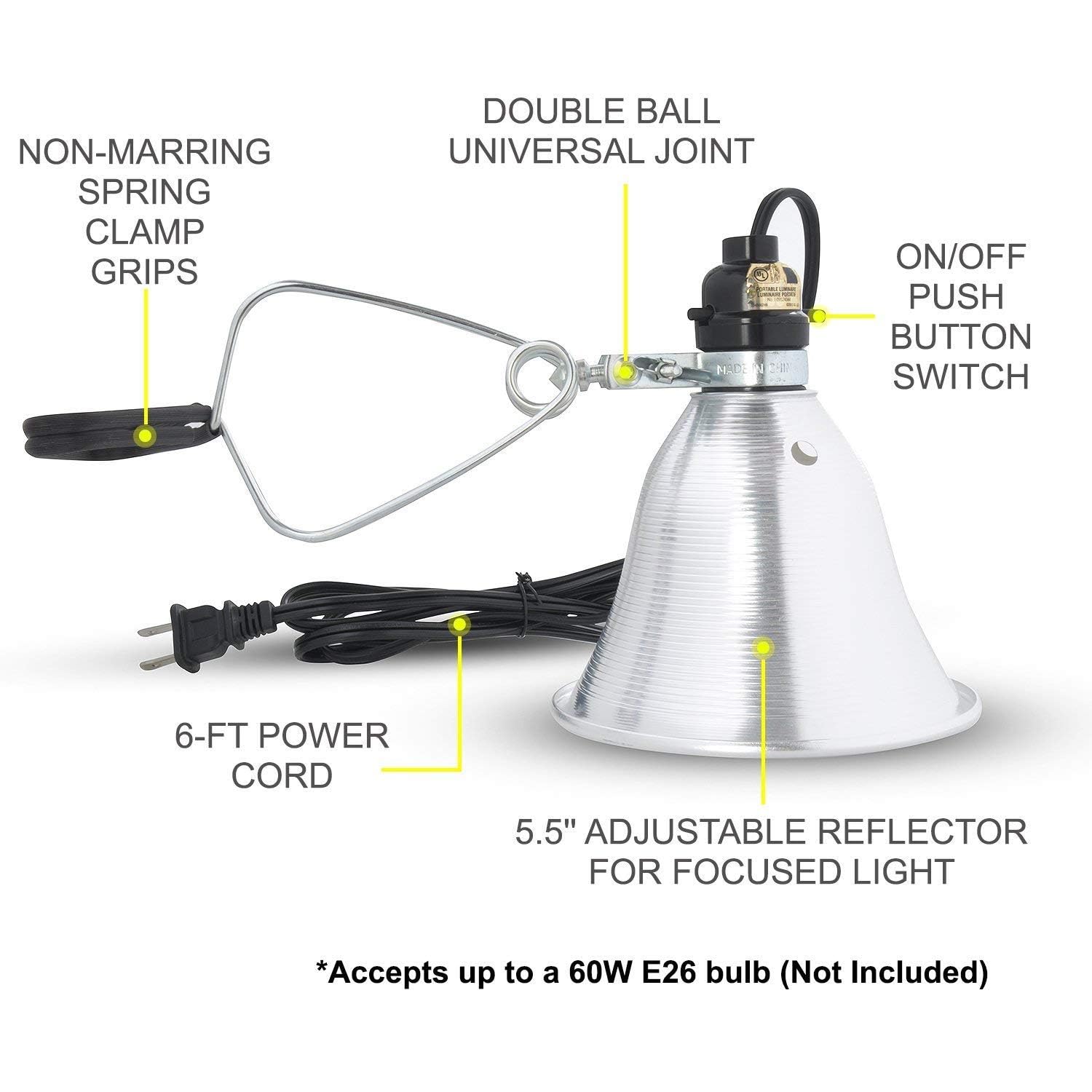 Simple Deluxe Clamp Lamp Socket - 5.5 Inch Aluminum Reflector, Max 60W, 6ft Cord, Silver