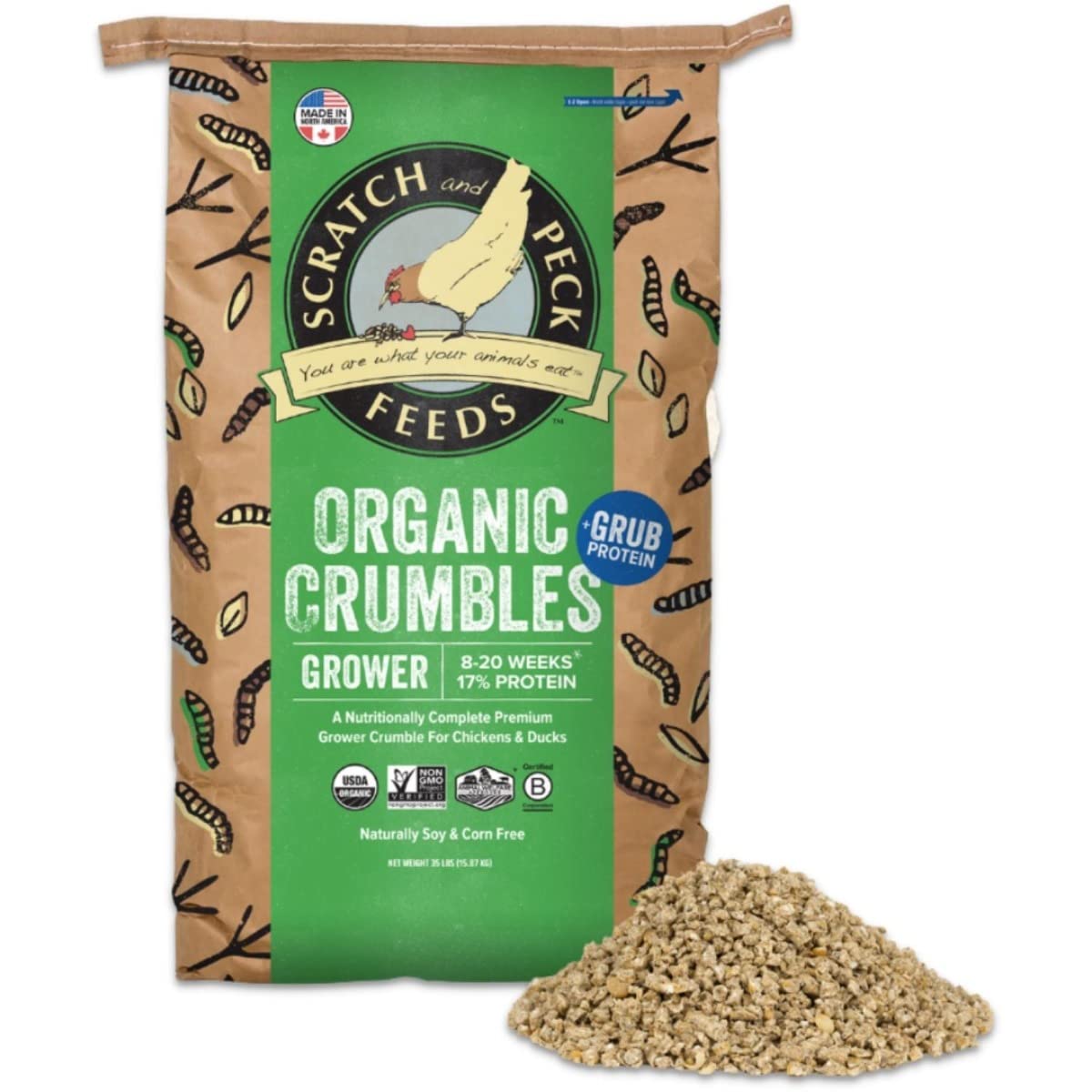 Scratch and Peck Feeds Whole Grain Grower Crumbles Chicken and Duck Feed - 25 lbs Bag - Corn-Free and Soy-Free - 17% Protein, Ce