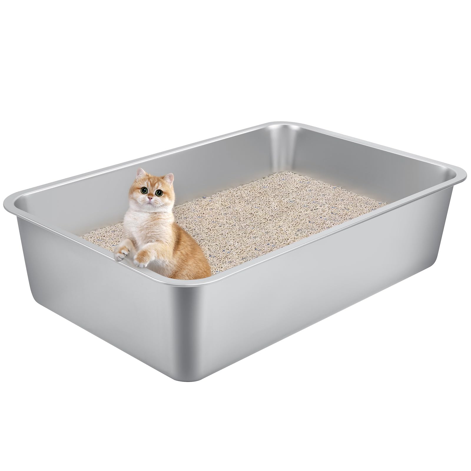Extra Large Stainless Steel Cat Litter Box For Large Cats - 23.6''X15.6''X6'' High-Sided Metal Tray, Anti-Splash & Odor Resistan