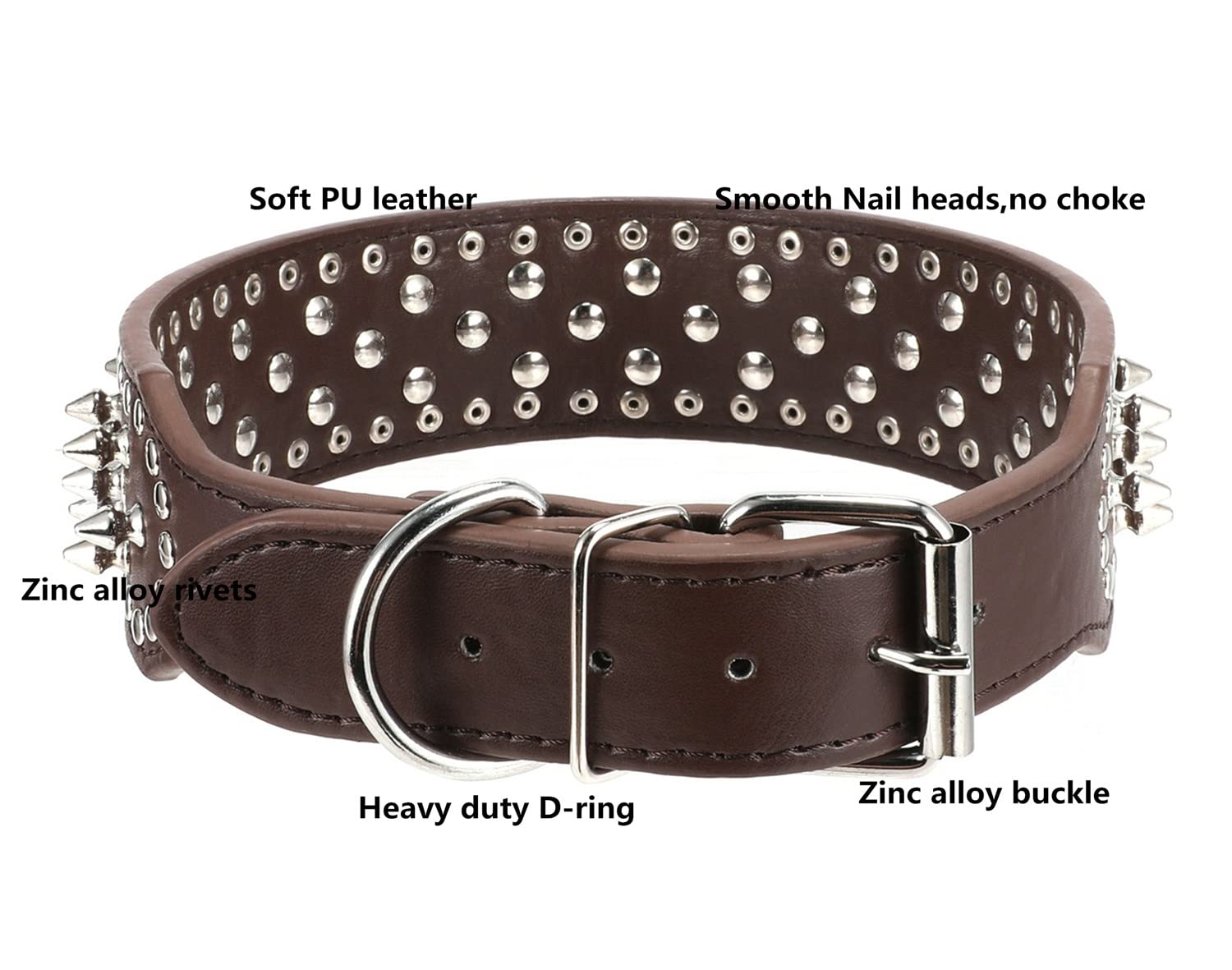 Hoot Pu Leather Adjustable Spiked Studded Dog Collar 2 Wide 31 Spikes (S(Neck 17-20), Dark Brown)