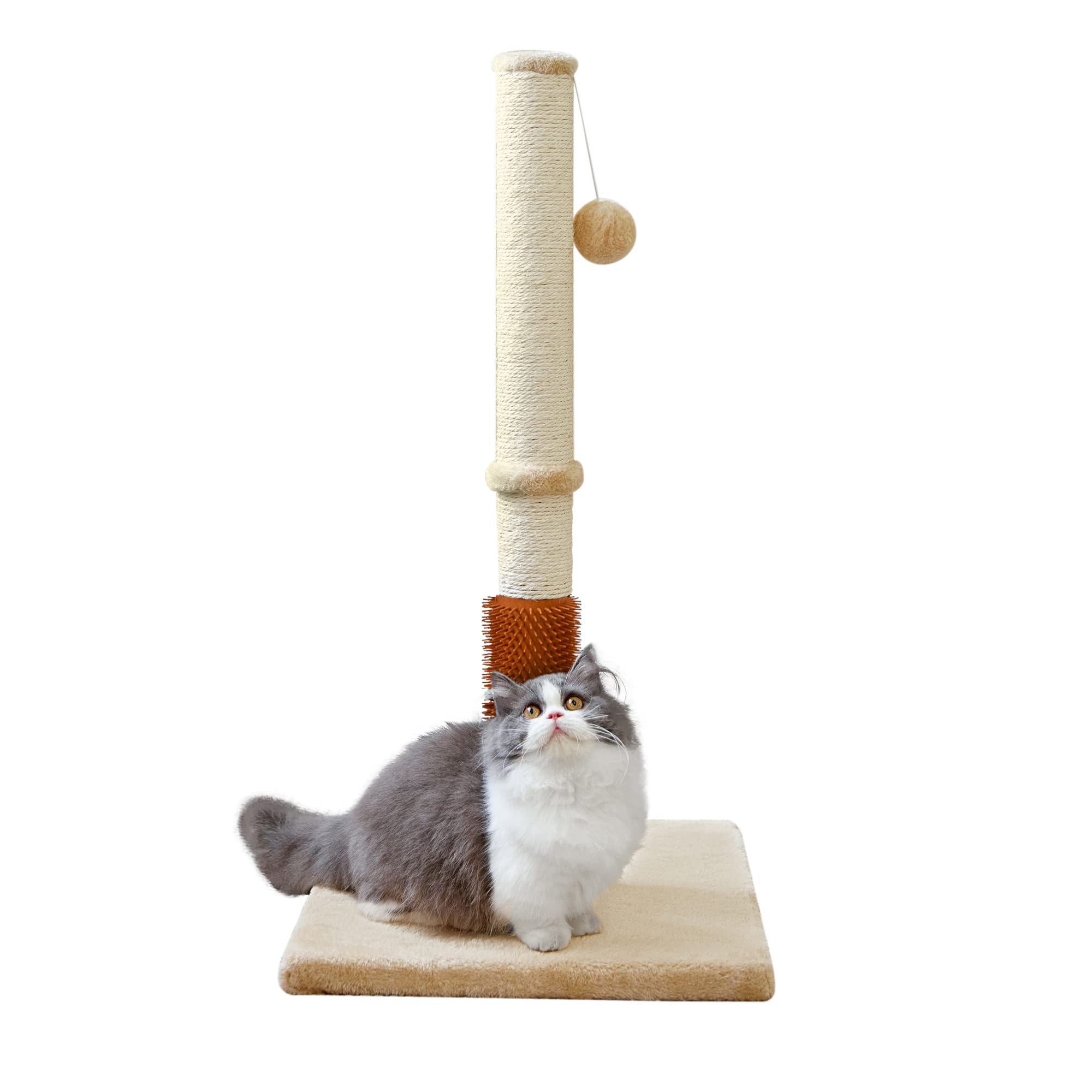Meowhomm 32'' Cat Scratching Post With Self Groomer Cat Brush, Sisal Rope Tall Cat Scratching Post With Soft Hanging Ball For In