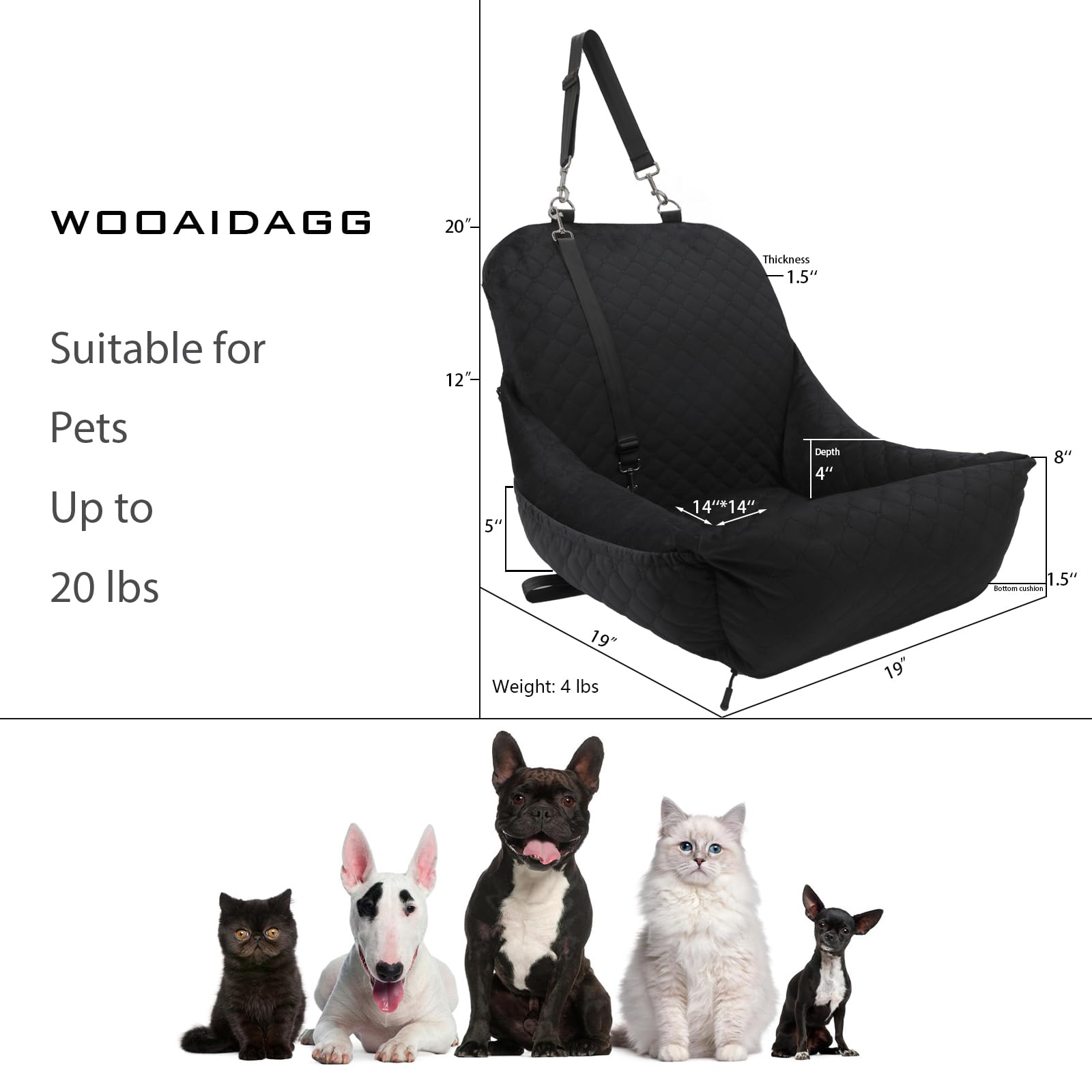 WOOAIDAGG Dog Car Seat,Easy to Install,Fully Detachable and Washable,2 Clip-On Safety Leashes and Storage Pockets,Covered Comfy