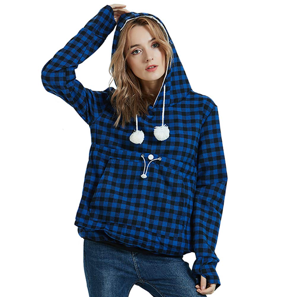 Jomago Womens Pet Carrier Thin Hoodies Kitten Puppy Pouch Shirts Animal Holder Hood Long Sleeve Sweatshirt Plaid Blue