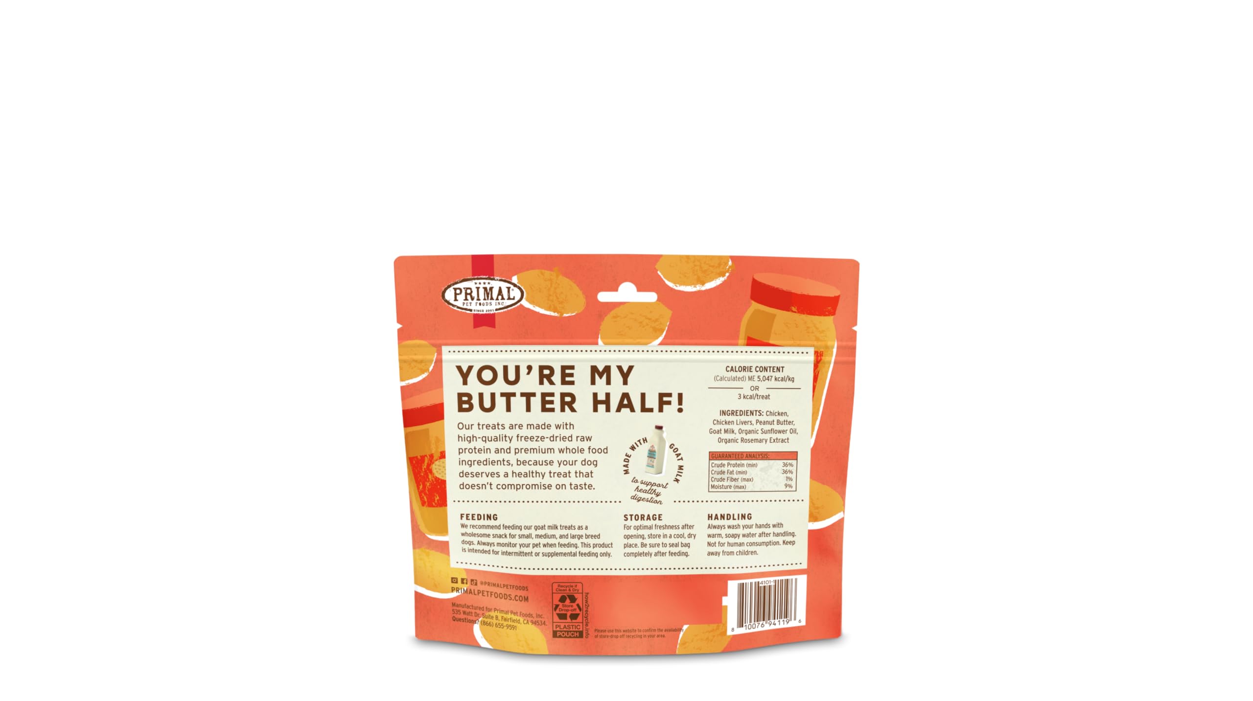 Primal Freeze Dried Dog Treats, Youre My Butter Half; Chicken & Peanut Butter with Goat Milk, Grain Free Training Treats for Do