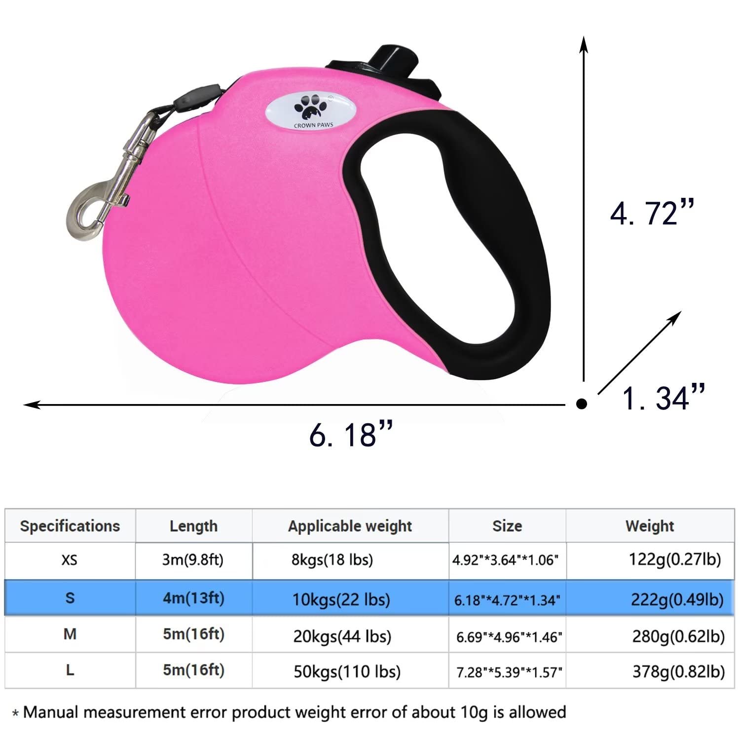 Crown Paws 13 Ft Retractable Dog Leash For Large Dogs Up To 26 Lbs,Tangle-Free Nylon Tape,Pink Dan S