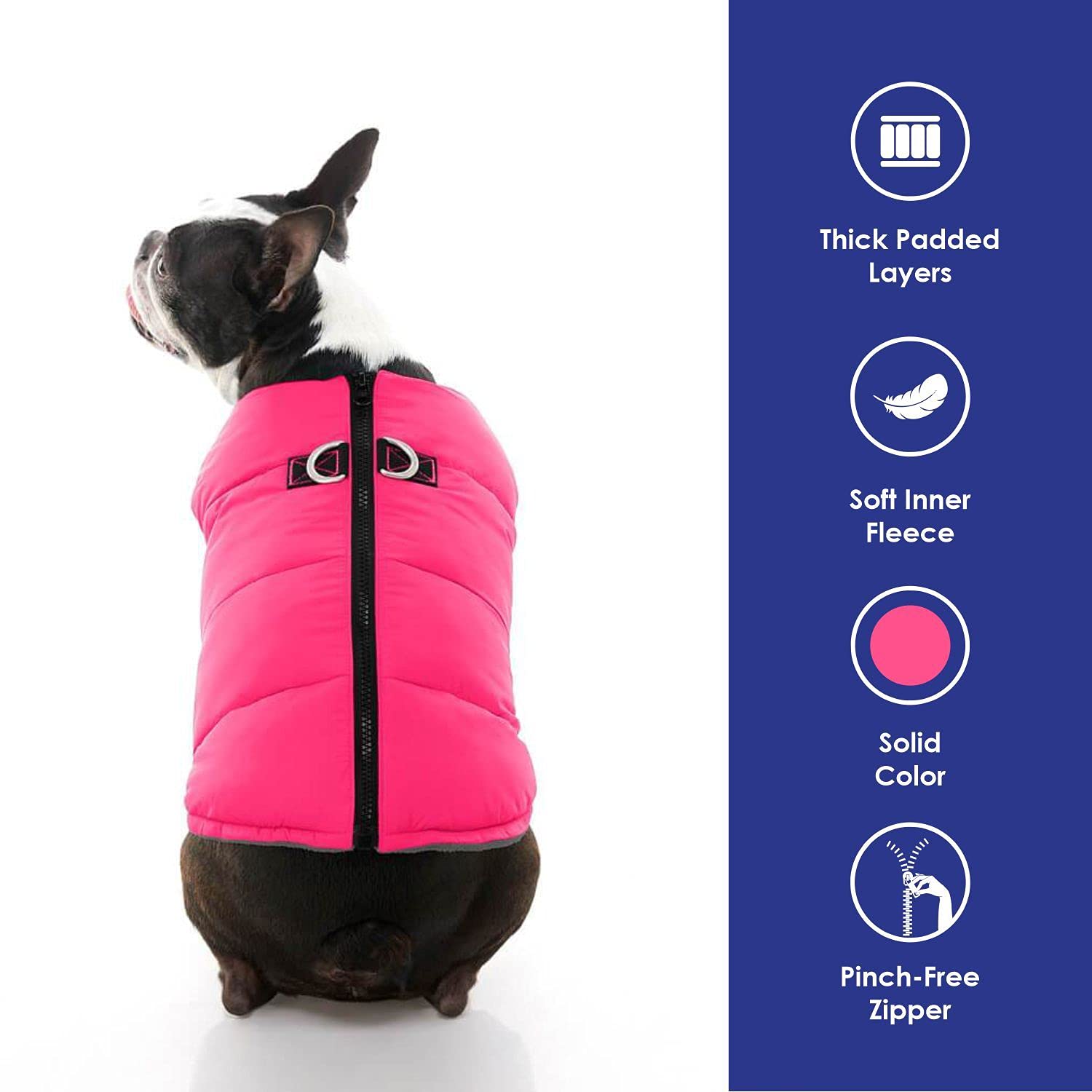 Gooby Padded Vest Dog Jacket - Solid Pink, Medium - Warm Zip Up Vest Fleece Jacket With Dual D Ring Leash - Water Resistant Swea