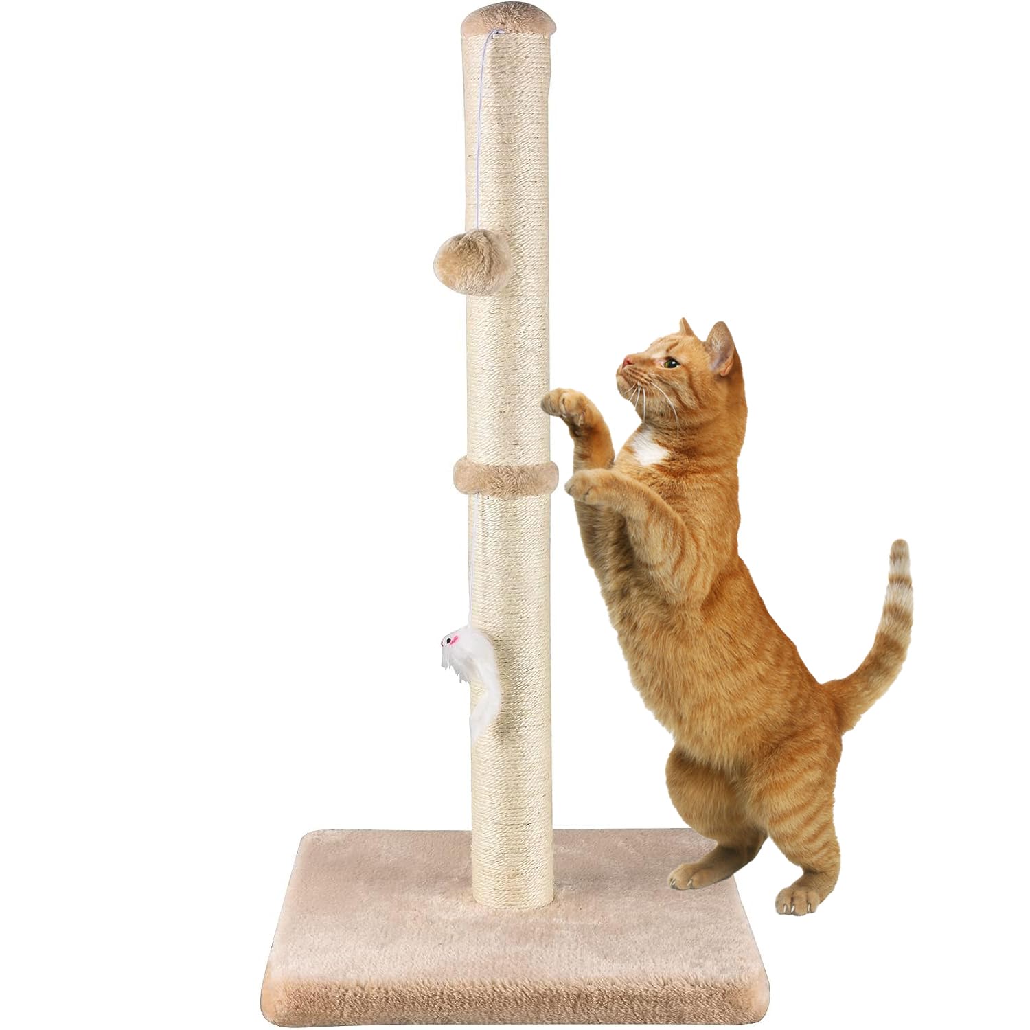 Meowhomm 32” Tall Cat Scratching Posts For Indoor Cats Adults With 2 Hanging Ball, Large Cat Scratch Post Cat Scratcher Includes Sisal Rope(Yellow)
