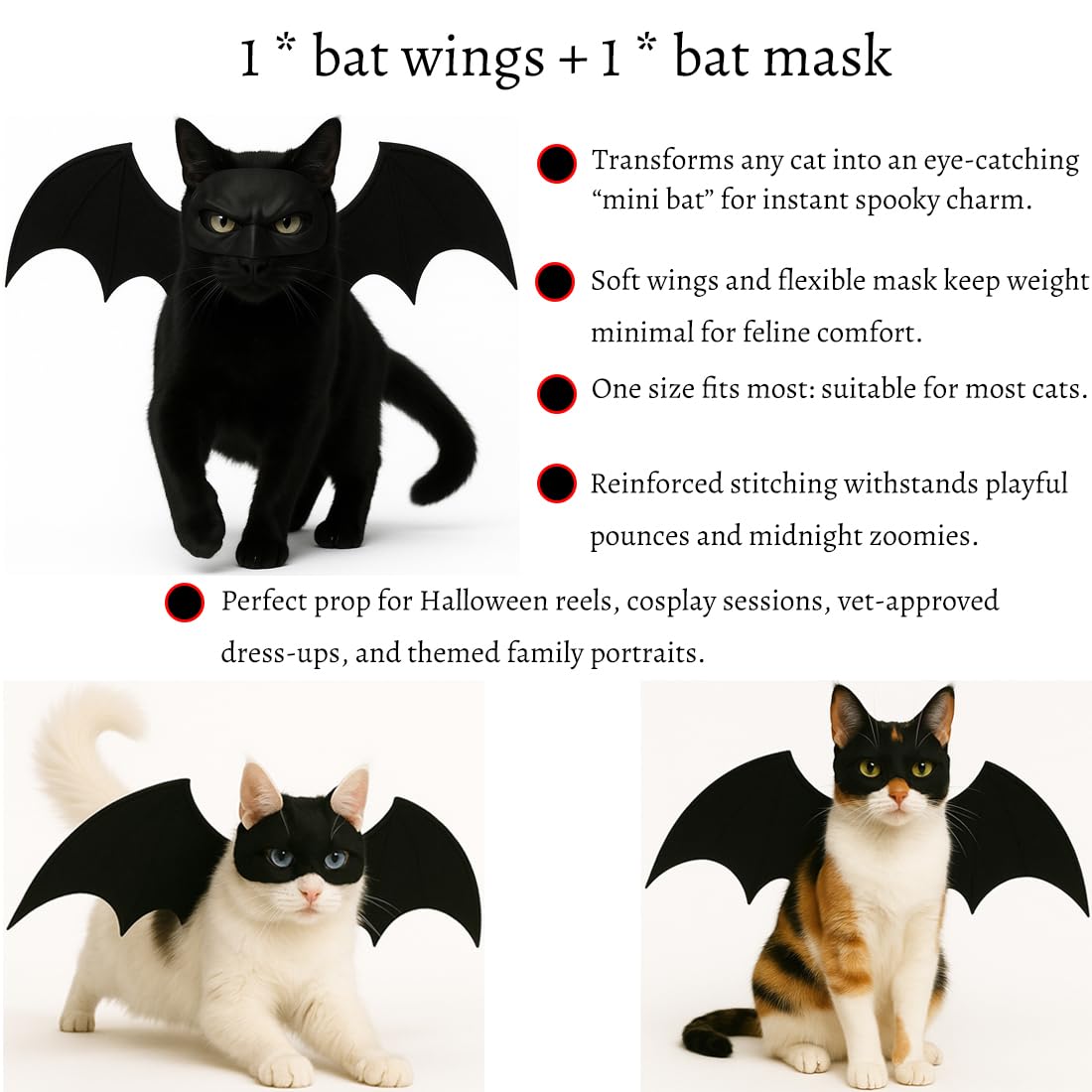 Cat Kitten Clothes Costume - Pet Halloween Costumes Outfits for Cats - Apparel Batman Mask Helmet Bat Wings