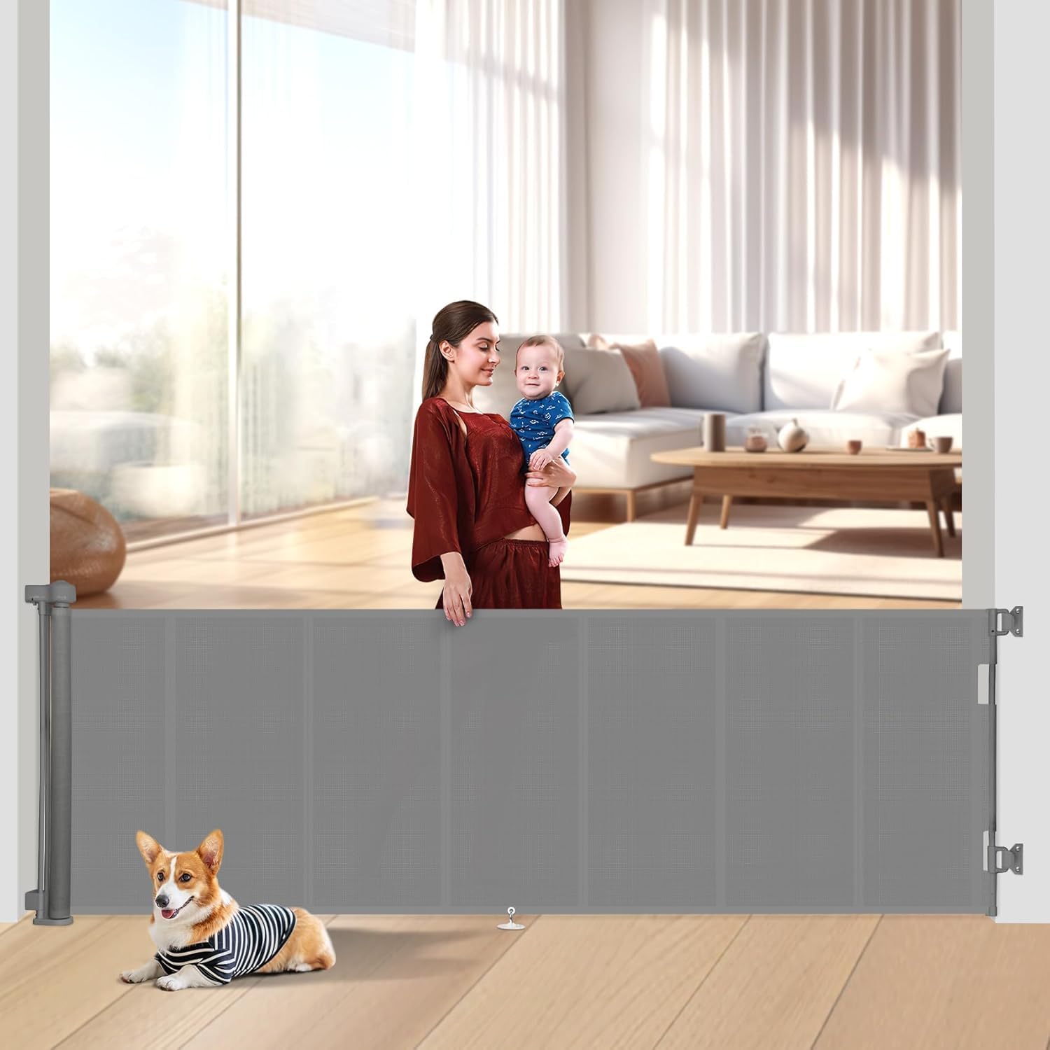 Miumoon 100 inch Retractable Baby Gates 34 inch Tall, Retractable Gate with Reinforced Strip Design to Prevent Crawling Through,