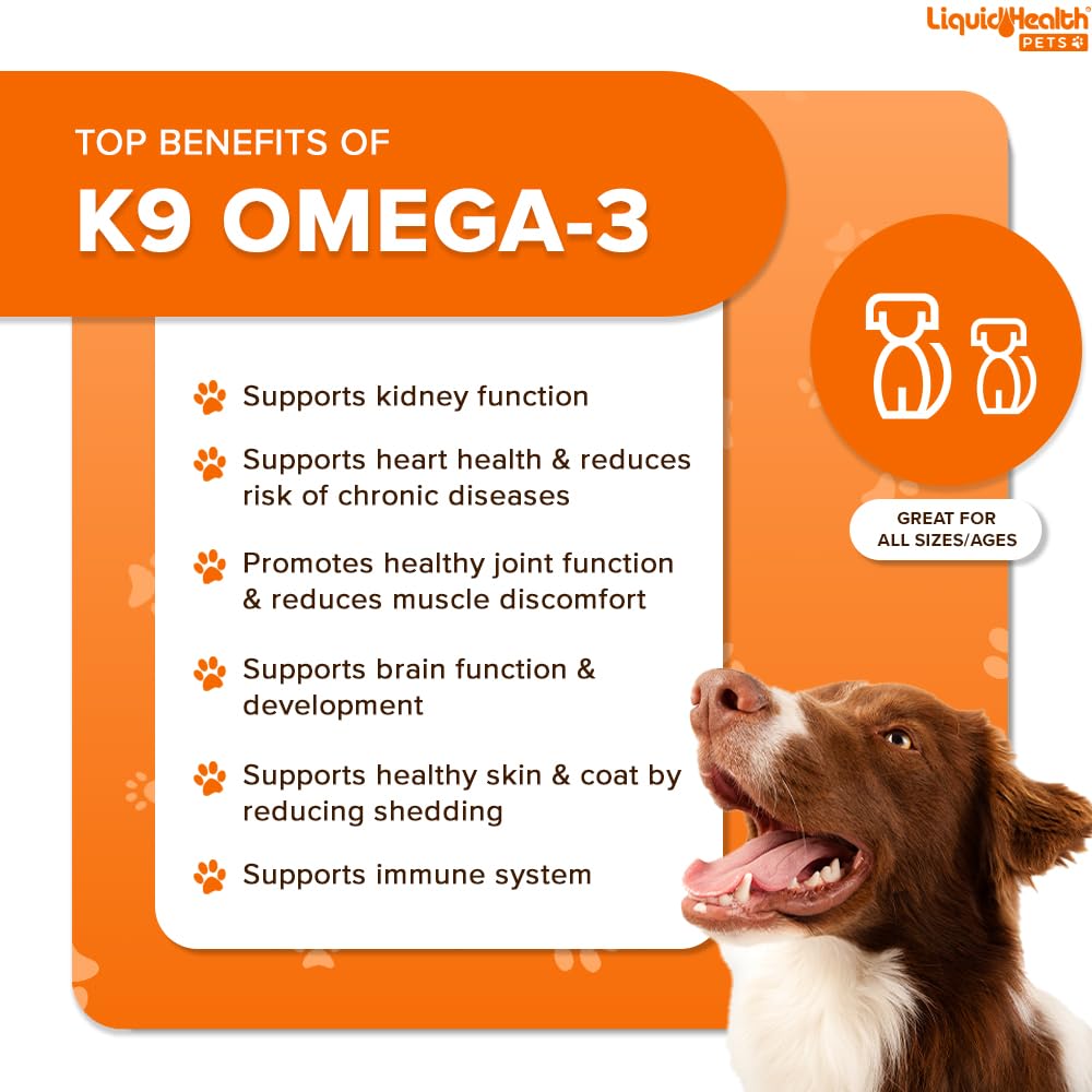 Liquid Health Pets K9 Omega 3 Fish Oil for Dogs - Liquid Omega 3 for Dogs with EPA + DPA + DHA, Dog Shedding Suplement May Reduc