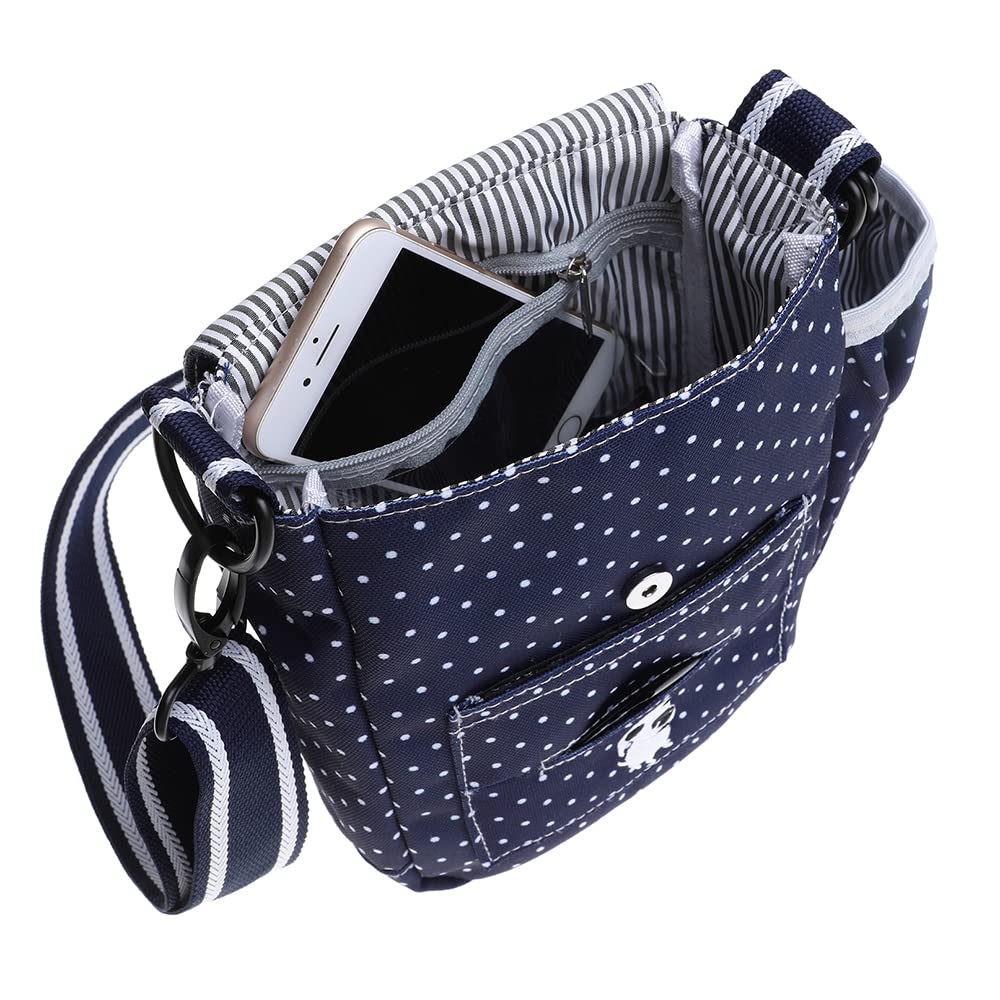 DOOG | Walkie Bag | Adjustable Shoulder Bag with Poo Bag Compartment and Water Bottle Compartment | Navy with Polka Dots