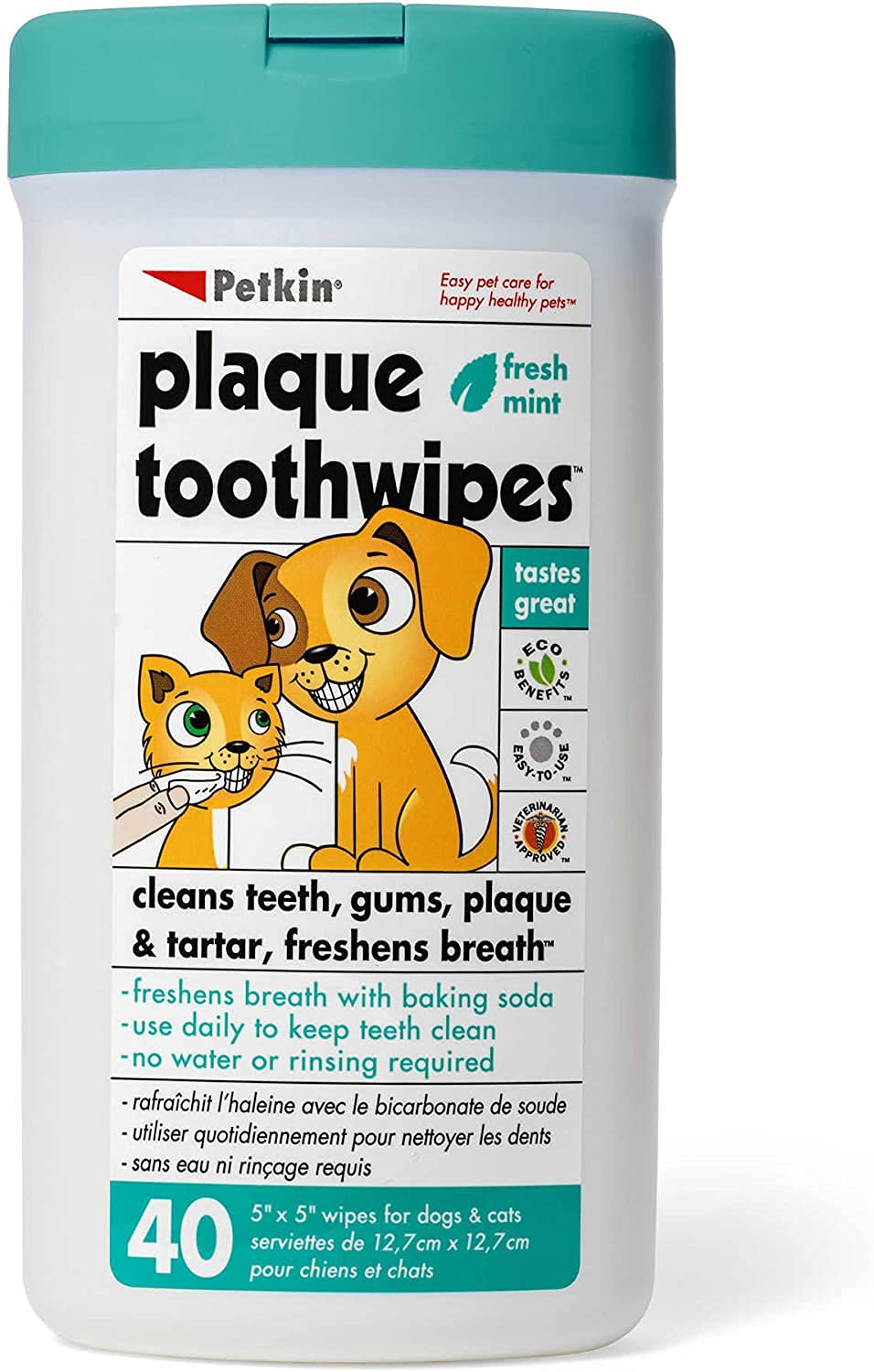 Petkin Cat And Dog Dental Wipes, 40 Wipes (Fresh Mint) - Natural Formula Cleans Teeth, Gums & Freshens Breath - For Daily Use - Convenient Dog Dental Care - 1 Pack Of 40 Wipes