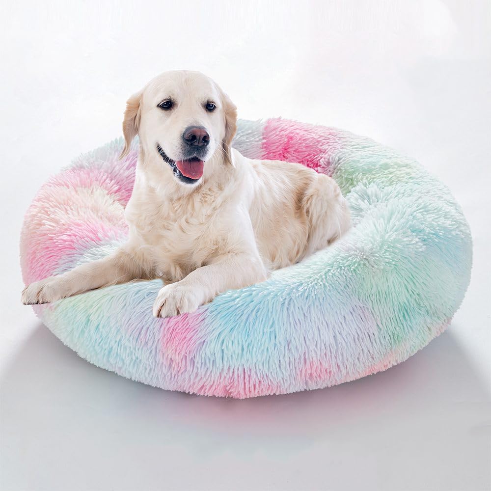 Cat Beds For Indoor Cats - Cat Bed Washable 24 Inches, Dog Beds For Small Medium Dogs, Anti Anxiety Round Fluffy Plush Faux Fur Cat Bed, Thick Bottom (Rainbow, Large)