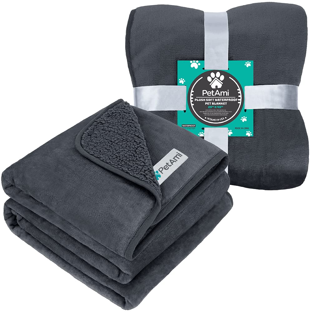 Petami Waterproof Dog Blanket For Small Medium Dogs, Pee Proof Pet Blanket Sherpa Fleece Couch Cover, Reversible Cat Throw Bed Sofa Protector, Soft Plush Washable Pad (Medium 29X40, Dark Gray)