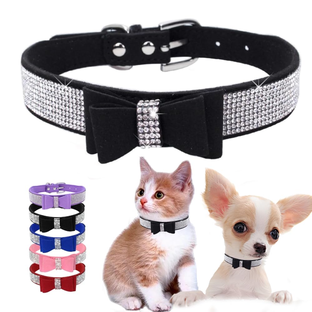 Black Girl Dog Collars For Medium Dogs With Bow, Rhinestone Puppy Collar Bling Diamond Cat Collars Sparkly Jewelry Cute Adjustab