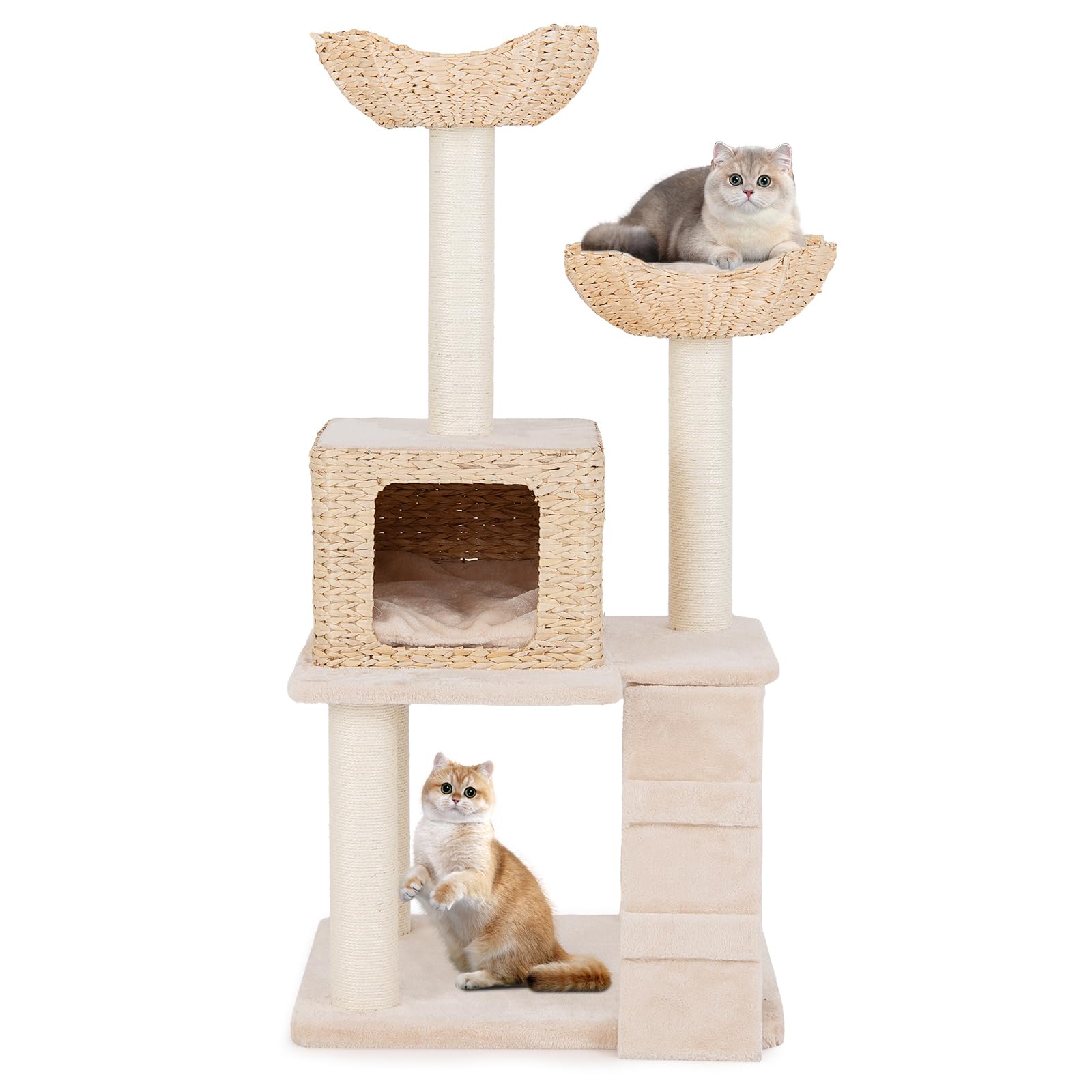 Tangkula Modern Cat Tree, 48 Inch Multi-Level Cat Tower With Sisal Scratching Posts, Cattail Fluff Condo & 2 Perches And Climbin