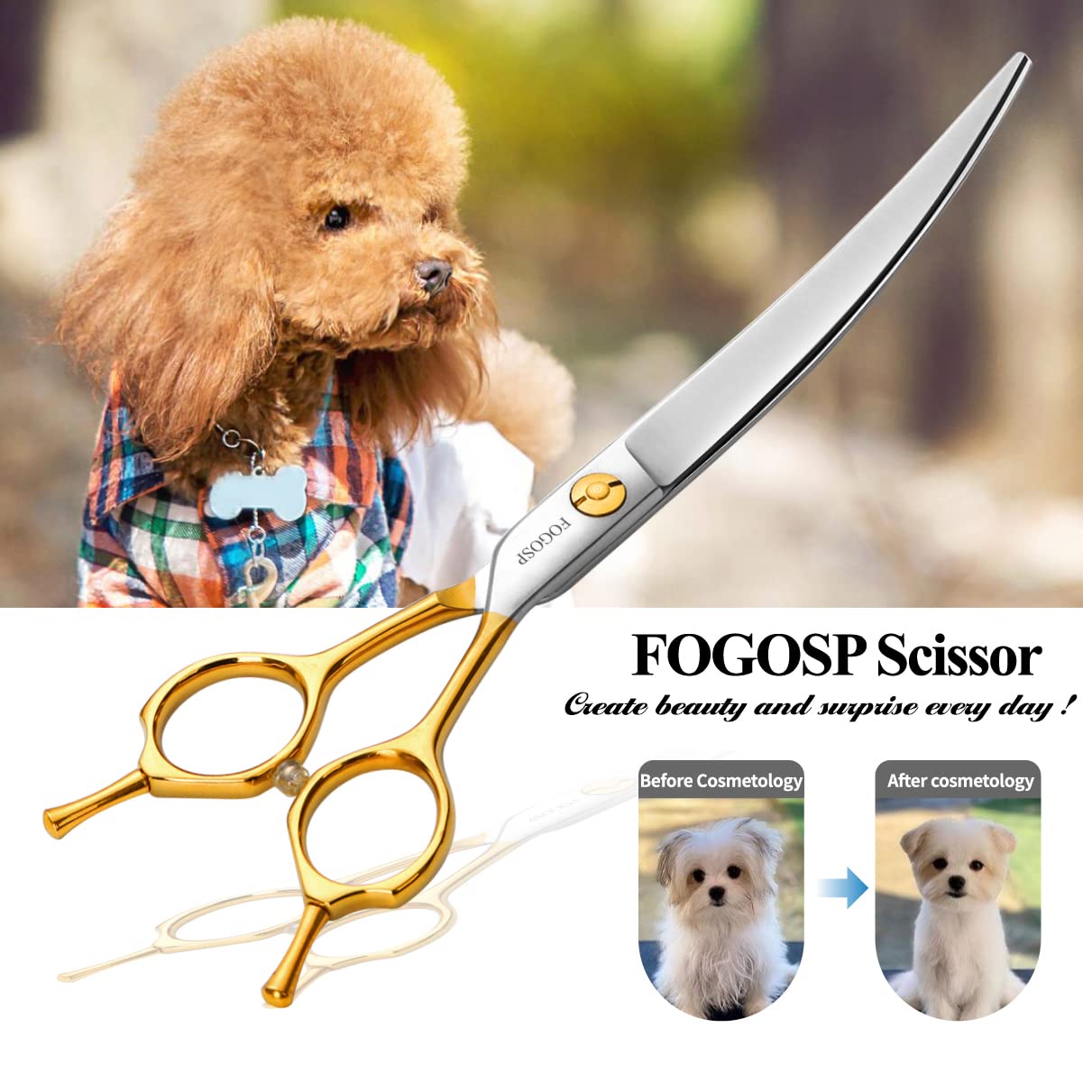 Fogosp Curved Dog Grooming Scissors Professional 7.5'' Grooming Shears For Dogs Pet Right Handed Groomer Japan 440C Stainless St