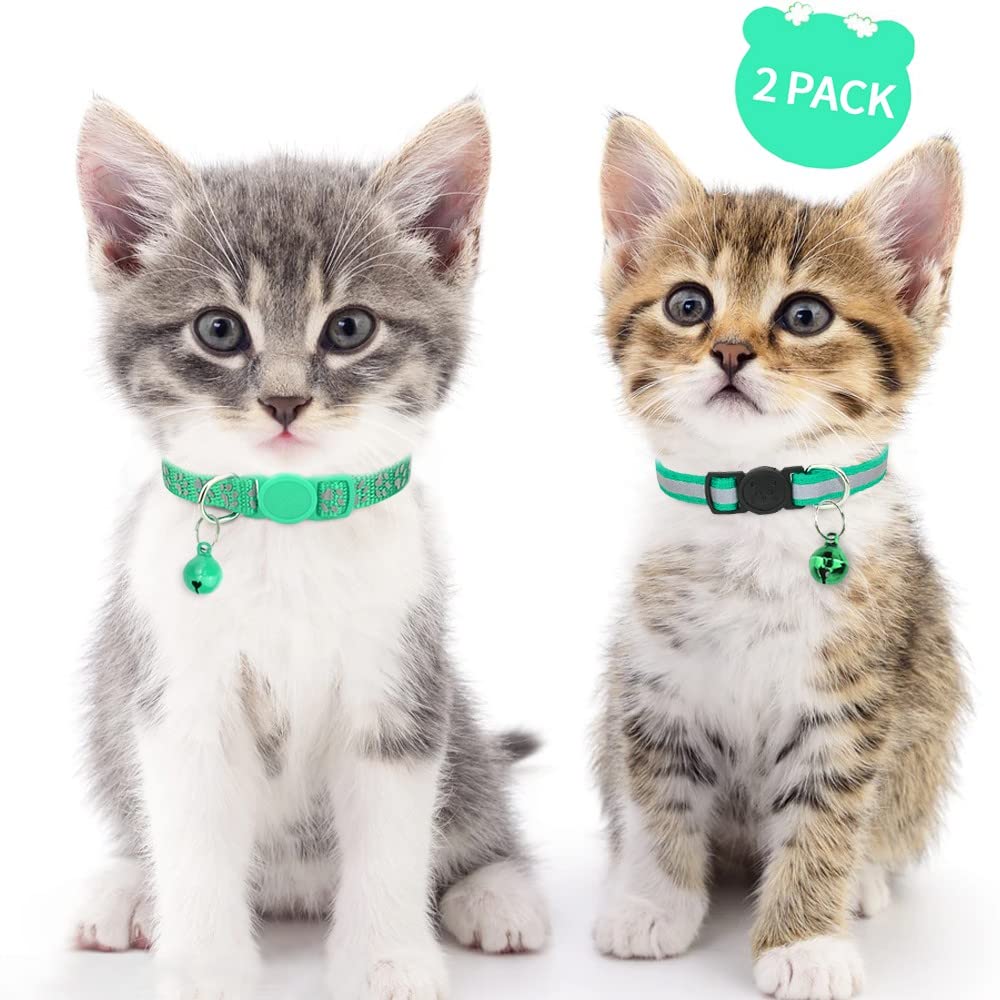 Taglory Reflective Cat Collars Breakaway With Bell, 2 Pack Girl Boy Pet Kitten Collar Adjustable 6-8 Inch, Turquoise